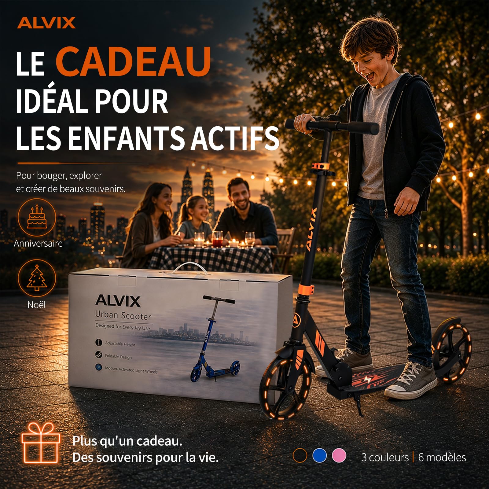ALVIX Trottinette pour enfant avec roues lumineuses LED, hauteur réglable à partir de 6 ans, roues de 200 mm, trottinette pliable avec sangle de transport, large plateau, jusqu'à 100 kg