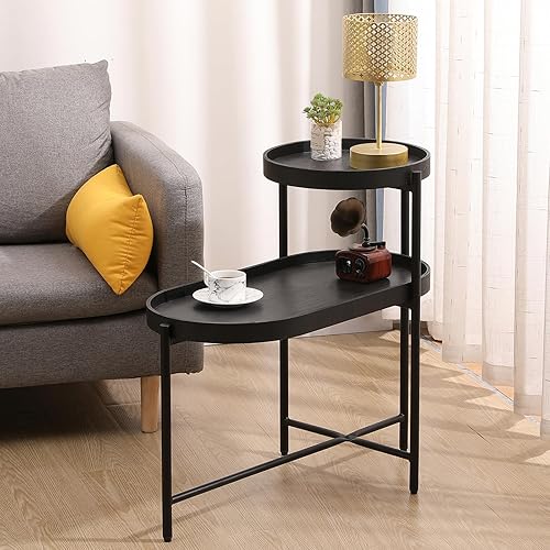 Miniatura 7 de Mesa auxiliar redonda de 2 niveles, mesa auxiliar irregular de 2 niveles, mesa auxiliar para sofá, mesa pequeña con marco de metal para sala de