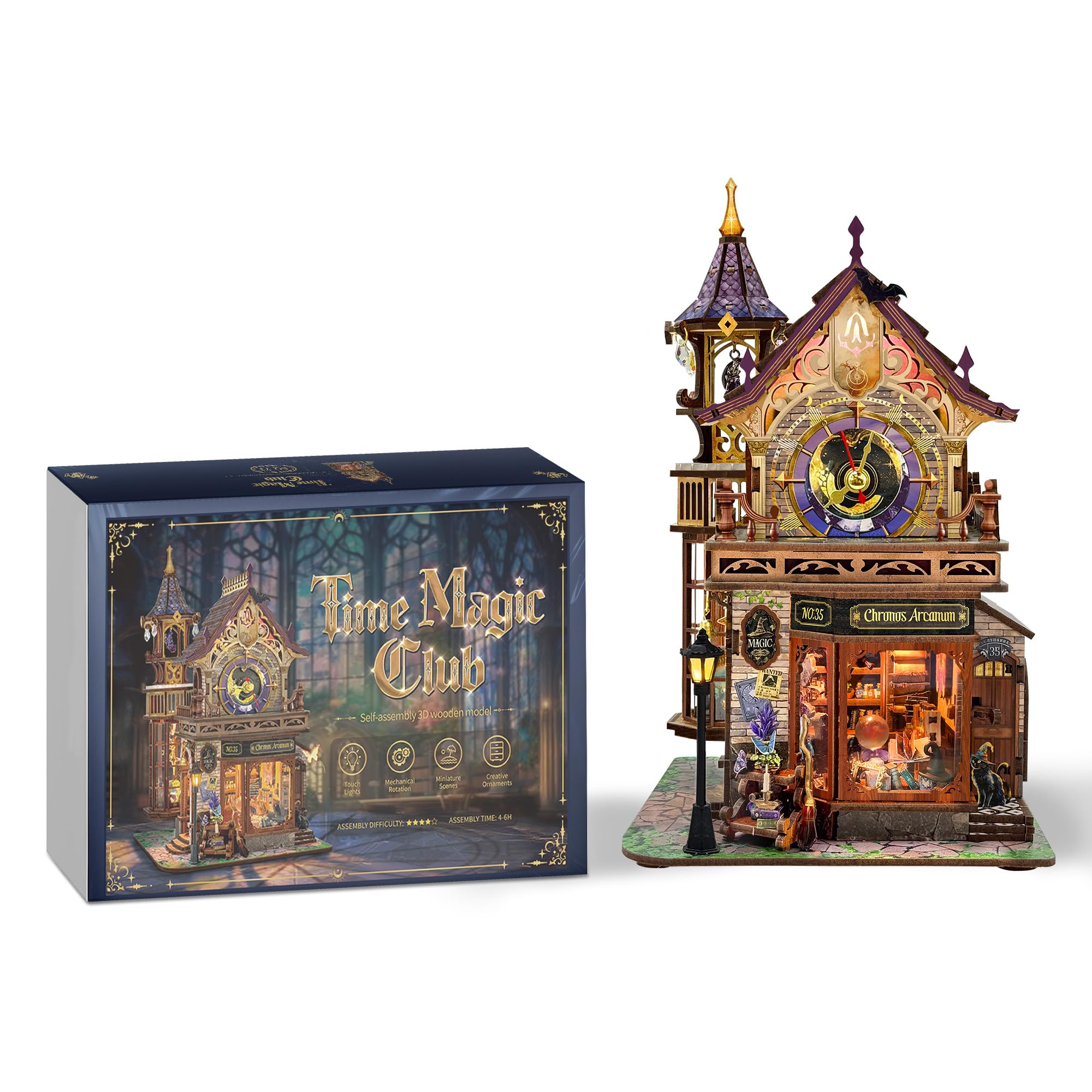 3D Drewniane puzzle, magiczna wieża zegarowa, zestaw modelowy, DIY, miniaturowy zestaw domu z diodami LED i muzyką, dekoracja regału, prezenty dla przyjaciół rodziny - Time Magic Club (SQ-71