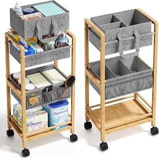 Bamboo Diaper Caddy Cart with Wheels, 3-Tier Rolling Nursery Storage Organizer, Storage for Living Room Laundry & Pet Supplies, with Removable Bins, Side Pockets & Handle