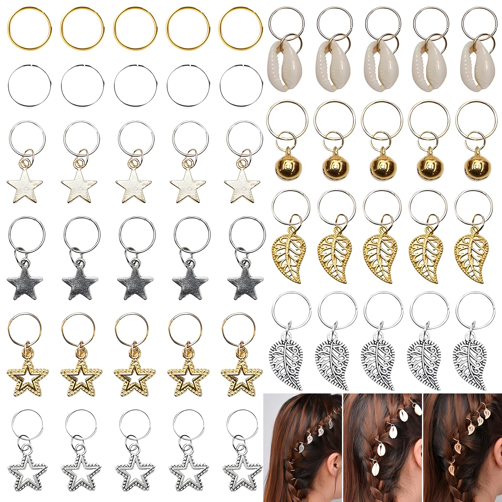 50 Pcs Accesorios Pelo, Adornos Pelo, Horquillas Pelo, Adornos Pelo Trenzas, Accesorios para el Pelo para Cabello, Puños de Metal Cuentas, Dreadlocks de Pelo Accesorios(Oro, Plata)