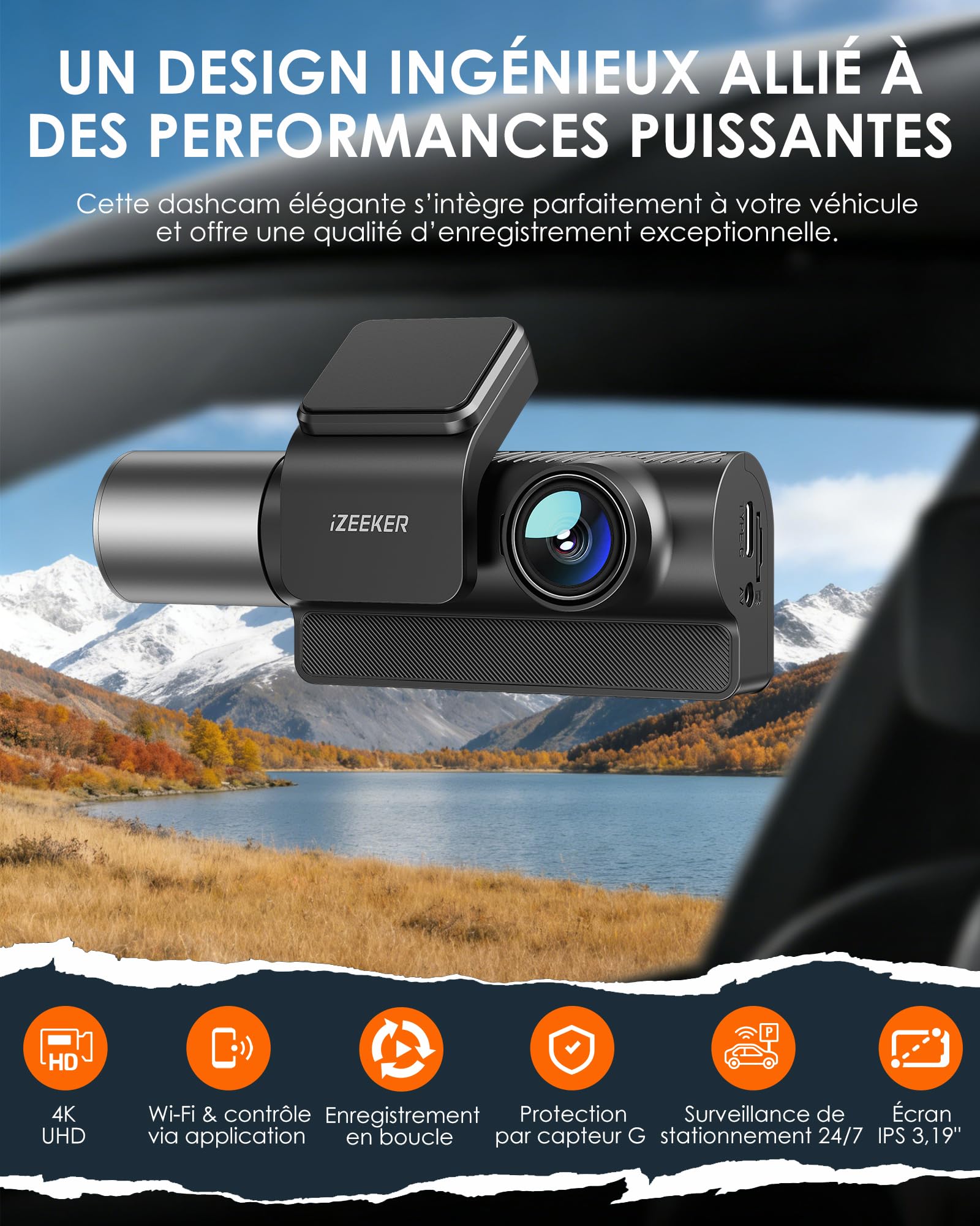 iZEEKER Dashcam Voiture 3 Canaux 4K avec Carte SD 32 Go, 4K+1080P+1080P Avant, Arrière et Intérieur, WDR, Vision Nocturne IR, WiFi 6, 170°, Enregistrement Boucle, Capteur G, Mode Parking 24H