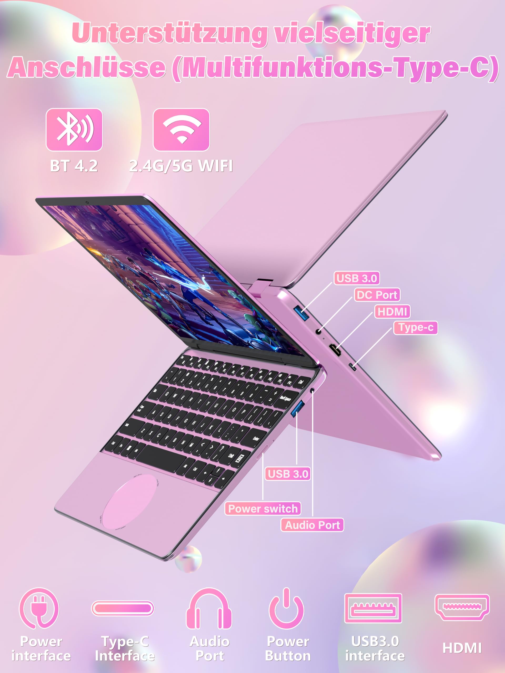 2026 11 Zoll 2in1 Laptop mit 360° Touchscreen, N100 Quad-Core CPU [beat N95 / N5095], 16GB DDR4 RAM, 1TB SSD, FHD IPS Display, Backlit Tastatur, leicht & mobil Notebook PC, Roségold