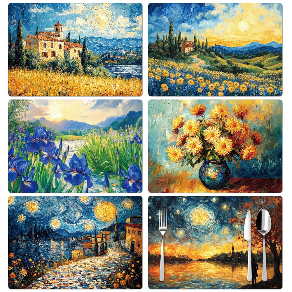 Peacoblue Placemats Set of 6 Vintage Landscape Oil Painting,12"x17" Waterproof Washable Table Place Mats for Indoor Outdoor Farmhouse Party Kitchen Dining Table Decoration (Night Sky, Irises)