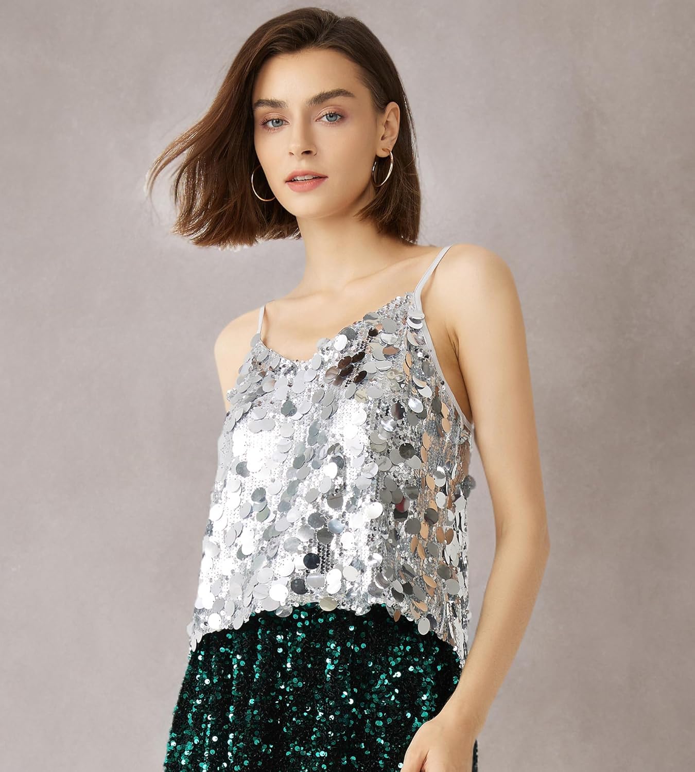 Women's Sequin Tops - V-Neck Sparkle Tank Tops - Spaghetti Strap Shimmer Camisole Party Club Cocktail Cami - Image 5