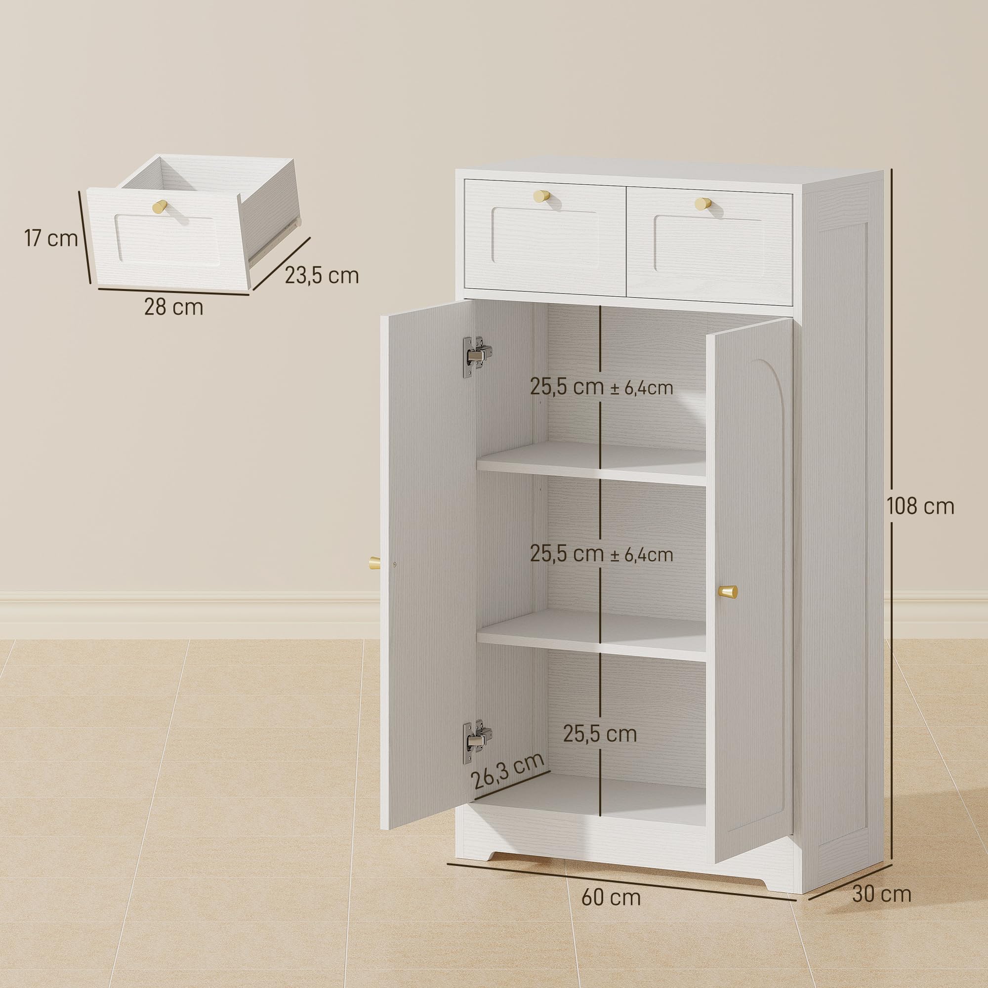 HOMCOM Armario de Baño Estrecho con 2 Cajones 60x30x108 cm Blanco Veteado | Mueble Auxiliar de Baño, Estante Abierto, Puerta con Panel Arqueado, Estilo Moderno, para Espacios Pequeños