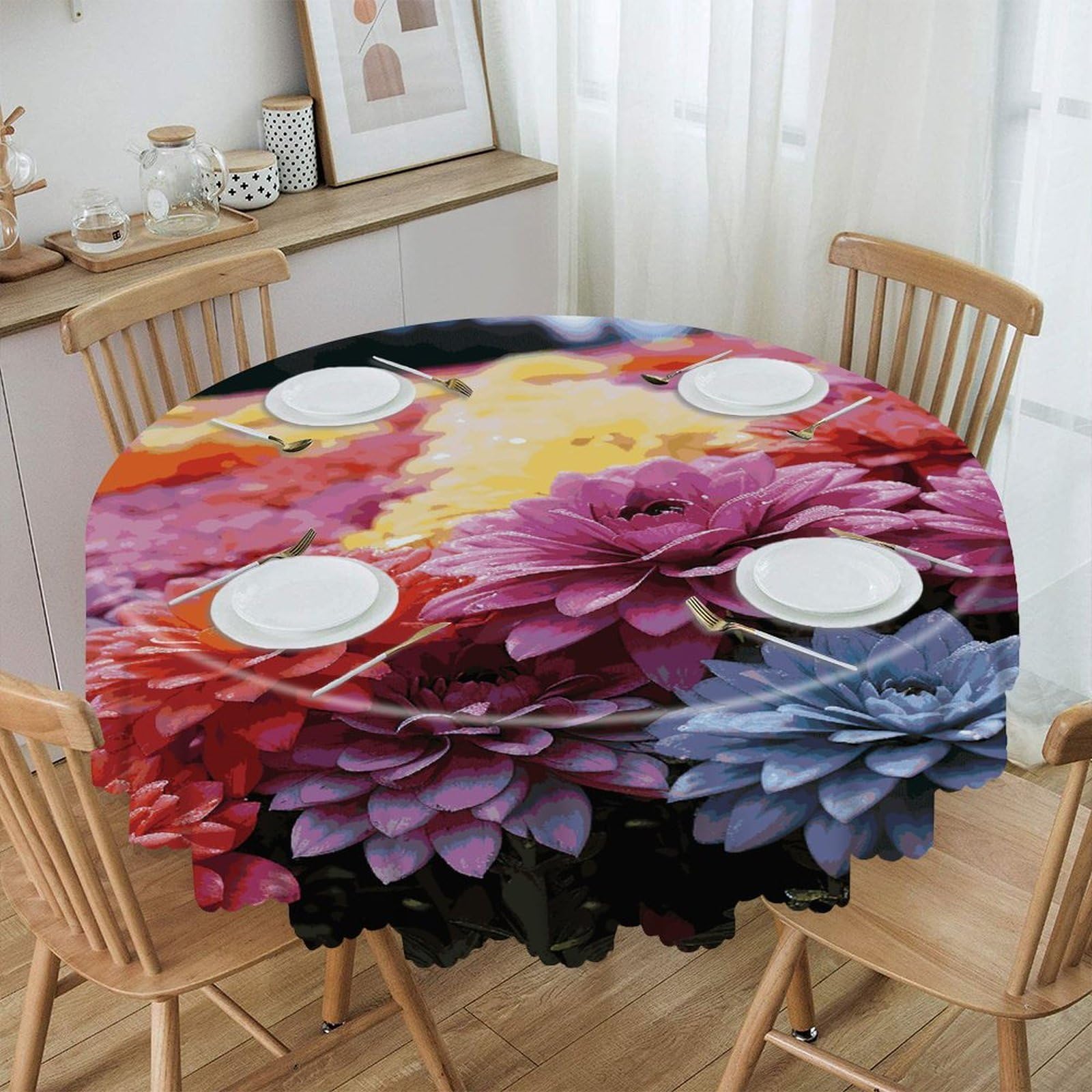 FekiLoot Rainbow Flower Sea Round Tablecloths 60 Inch Resistant Washable Polyester Table Cloth Style Decorative Circle Fabric Table Cover for Dining Kitchen Party Farmhouse Outdoor