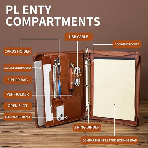 Miniatura 6 de YIWEN Carpeta de 3 anillos hecha a mano de piel de caballo loco con cremallera para hombres y mujeres, organizador de negocios para carta A4 tamaño