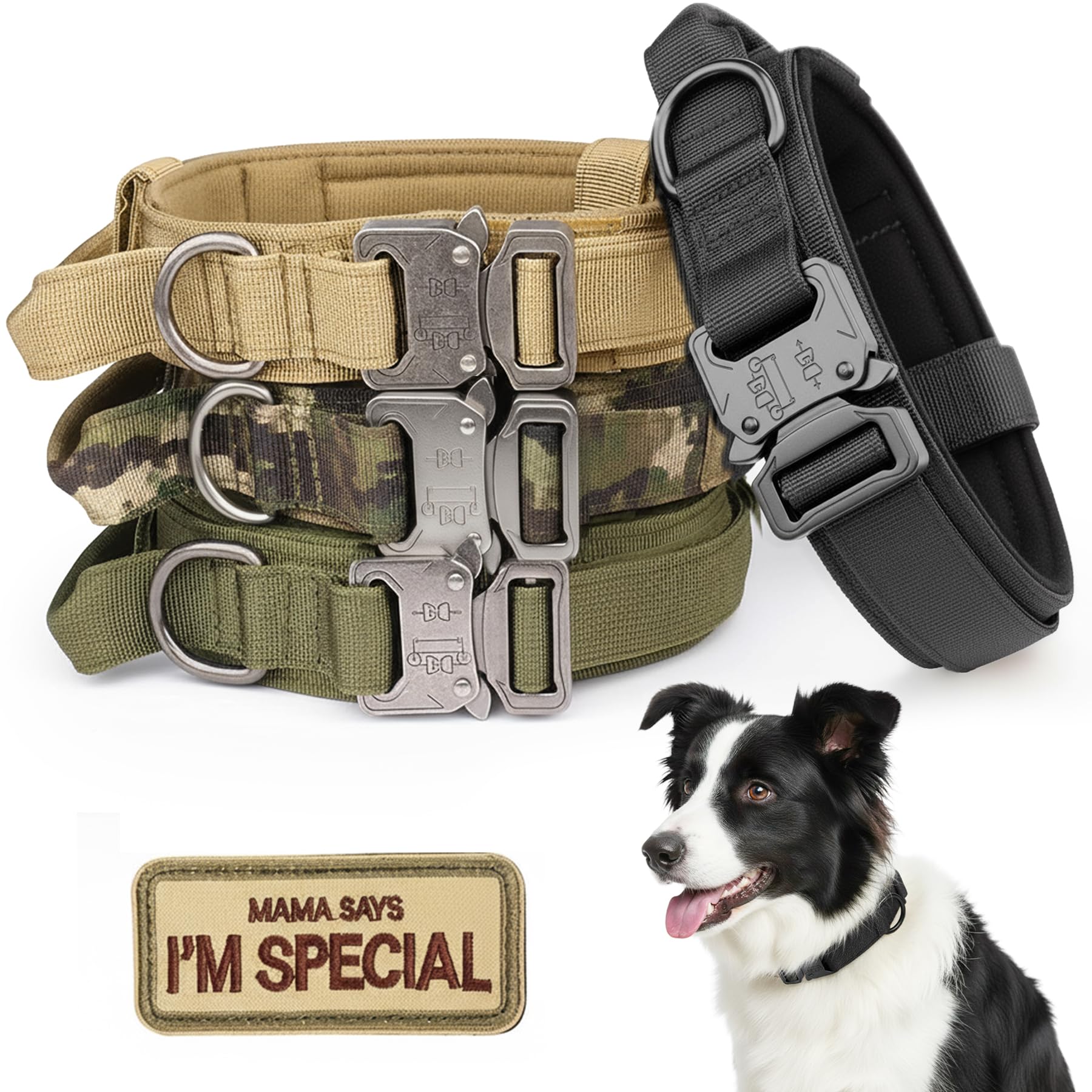 KCUCOP Tactical Dog Collar with Handle,Adjustable Military Dog Collar with Metal Buckle and Patches,Heavy Duty Dog Collars for Medium Dogs (Black-M)