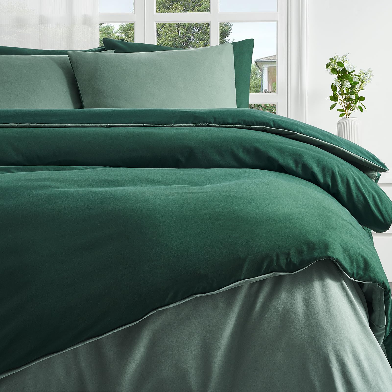 Duvetnova King Size Duvet Cover Sets Dark Green/Sage Green Reversible Soft Brushed Microfiber Bedding Set with Zipper Closure OEKO-TEX Wrinkle-Free 230x220cm with 2 Pillow Cases