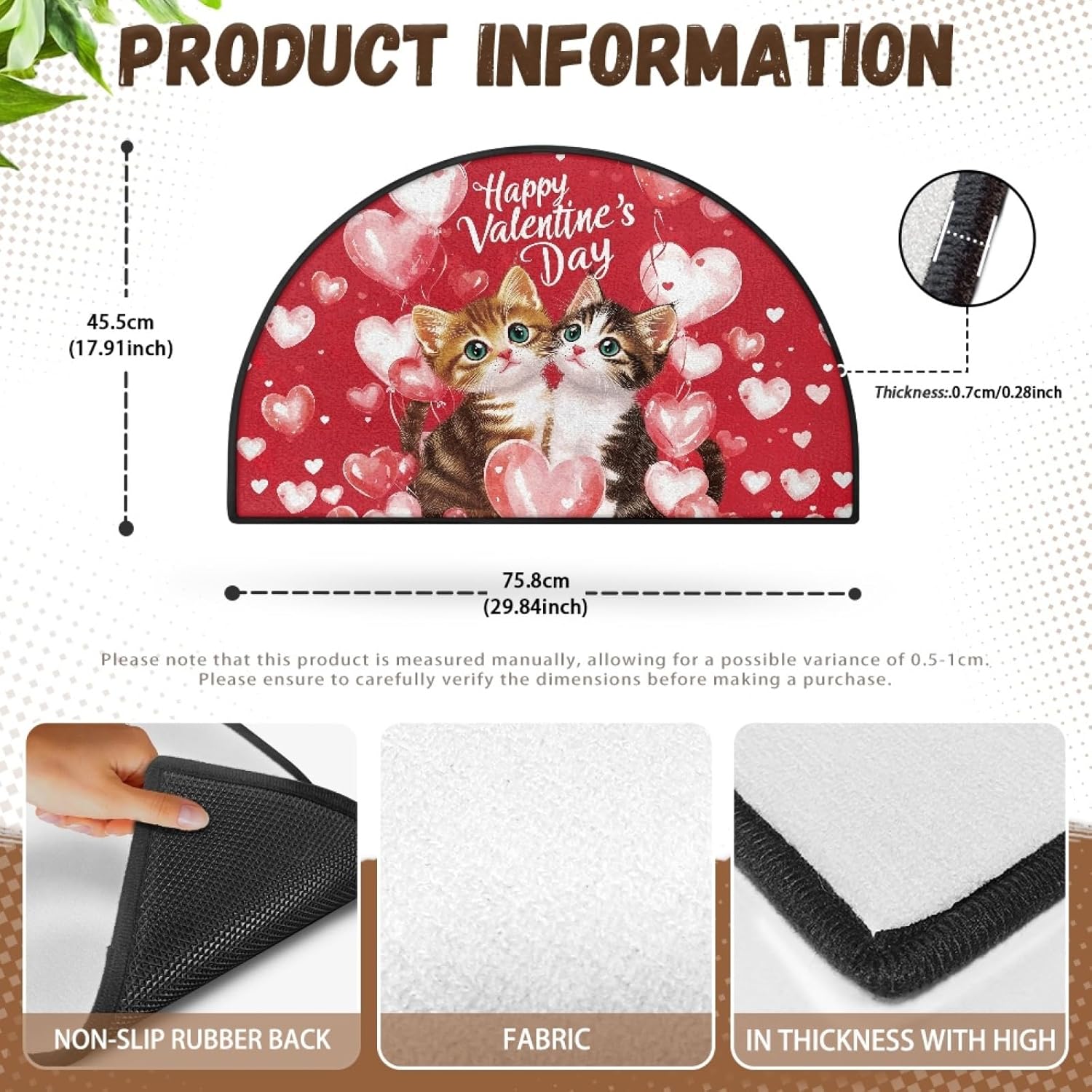 Happy Valentines Day Cat Kitchen Mats for Floor Cushioned Half Circle Anti Fatigue Kitchen Rug Washable Welcome Front Door Mat,Absorbent Runner Comfort Floor Mats Kitchen Decor,29.4"x17.9"
