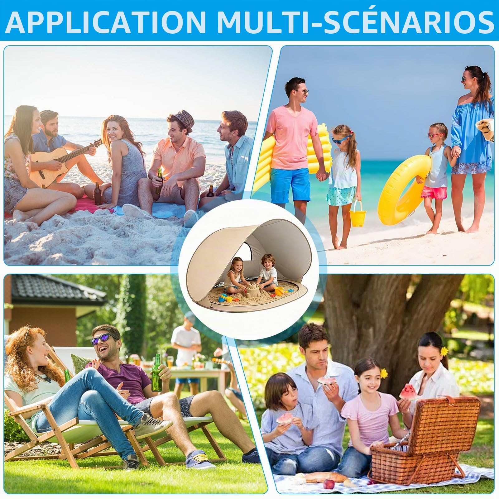 Tente de plage pop-up améliorée, tente de plage portable pour 3 à 4 personnes, fond amovible, abri de plage protection UV 50, tente de plage coupe-vent pour protection solaire, plage, jardin (beige)