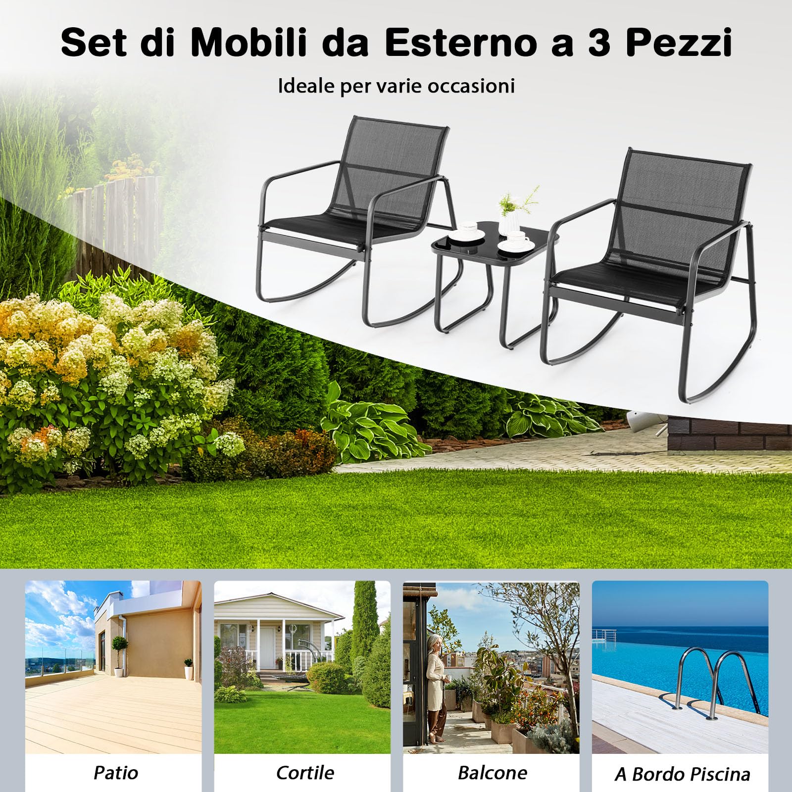GYMAX Set di Mobili da Giardino 3PCS, 2 Sedie a Dondolo con Tavolino in Vetro, Piccolo Set da Patio con Movimento a Dondolo Fluido, Strisce Antiscivolo, per Portico Esterno, Cortile e Balcone