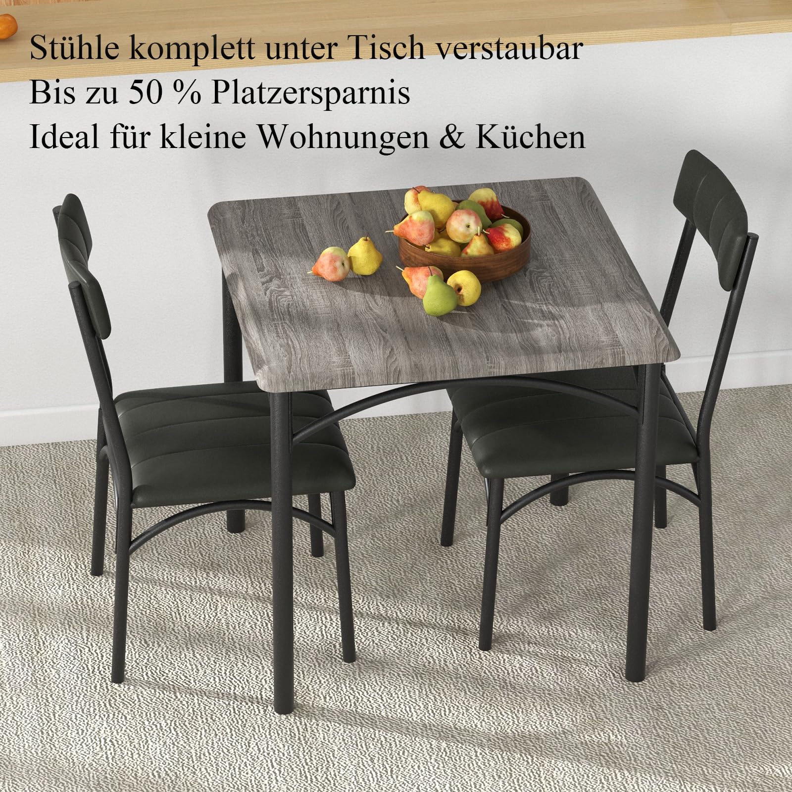 Essgruppen für 2 Personen, Kleiner Esstisch mit 2 Gepolsterten Stühlen, 3 Teiliges Küchentisch mi 2 Stühlen für Bistro, Küche, Wohnzimmer, Balkon, Restaurant - Grau