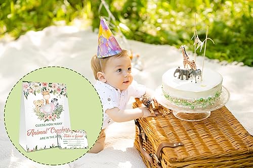Miniatura 4 de How Many Animal Crackers Are In The Jar, juego de baby shower floral bohemio rosa rubor, decoración de baby shower de animales de la selva safari