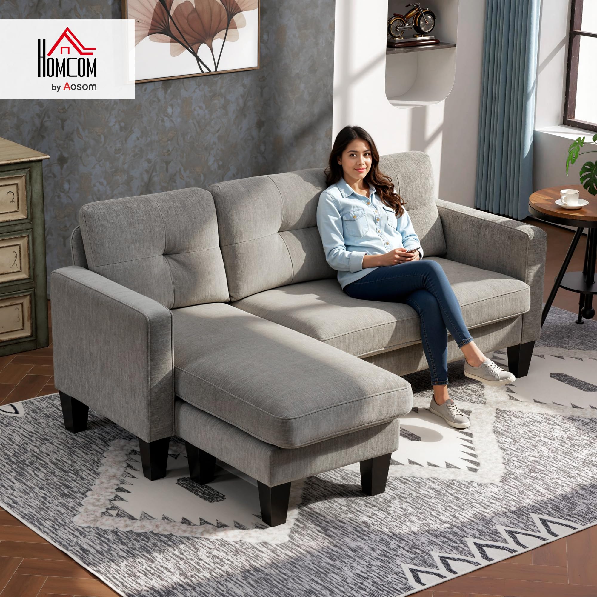 HOMCOM Sofá Chaise Longue Reversible, Sofá de 3 Plazas en Forma de L, Tapizado en Chenilla, Asiento y Respaldo Acolchados, Estructura de Acero, 186x130x84 cm, Marrón Topo
