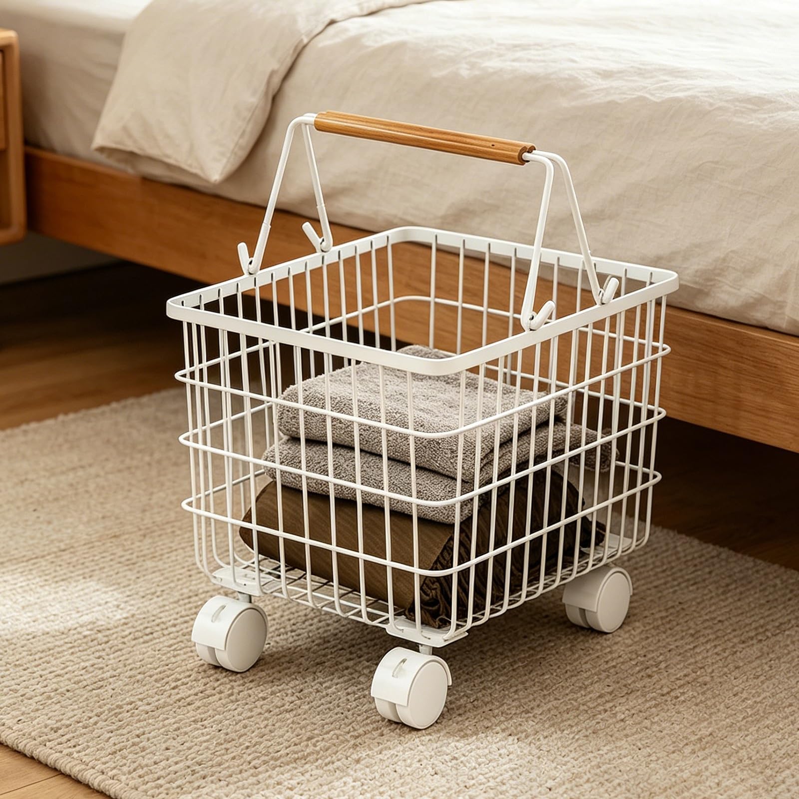 Folding Laundry Basket Household Storage Metal with Wheels,Rolling Hamper with Handle,Openwork Design,Clothes Sorter Trolley Shelf