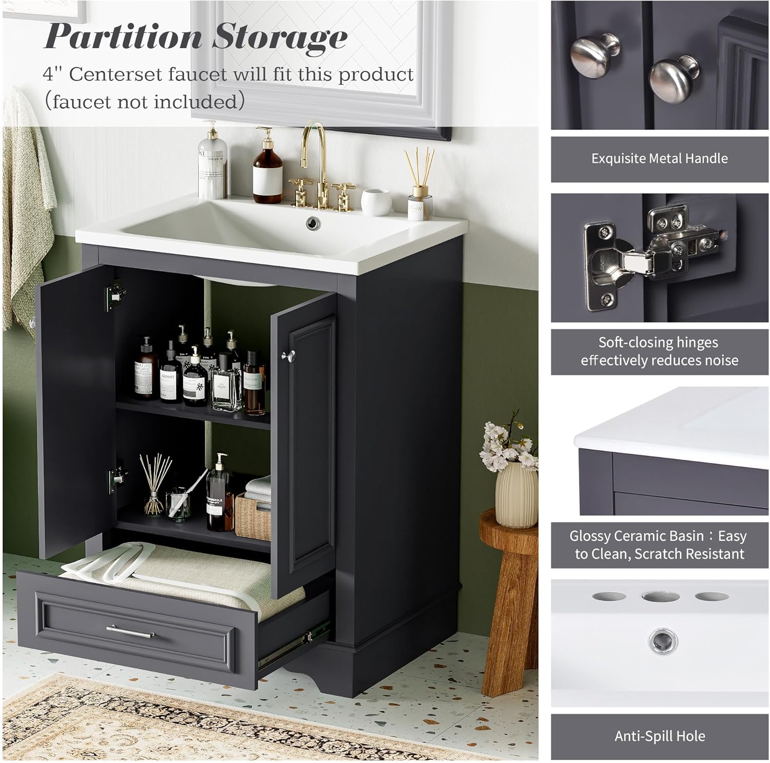 24" Soft Closing Doors Small Bathroom Vanity, Modern Bathroom Vanity with Adjustable Shelf, Bathroom Vanity with Ceramic Sink for Bathrooms, Blue Gray