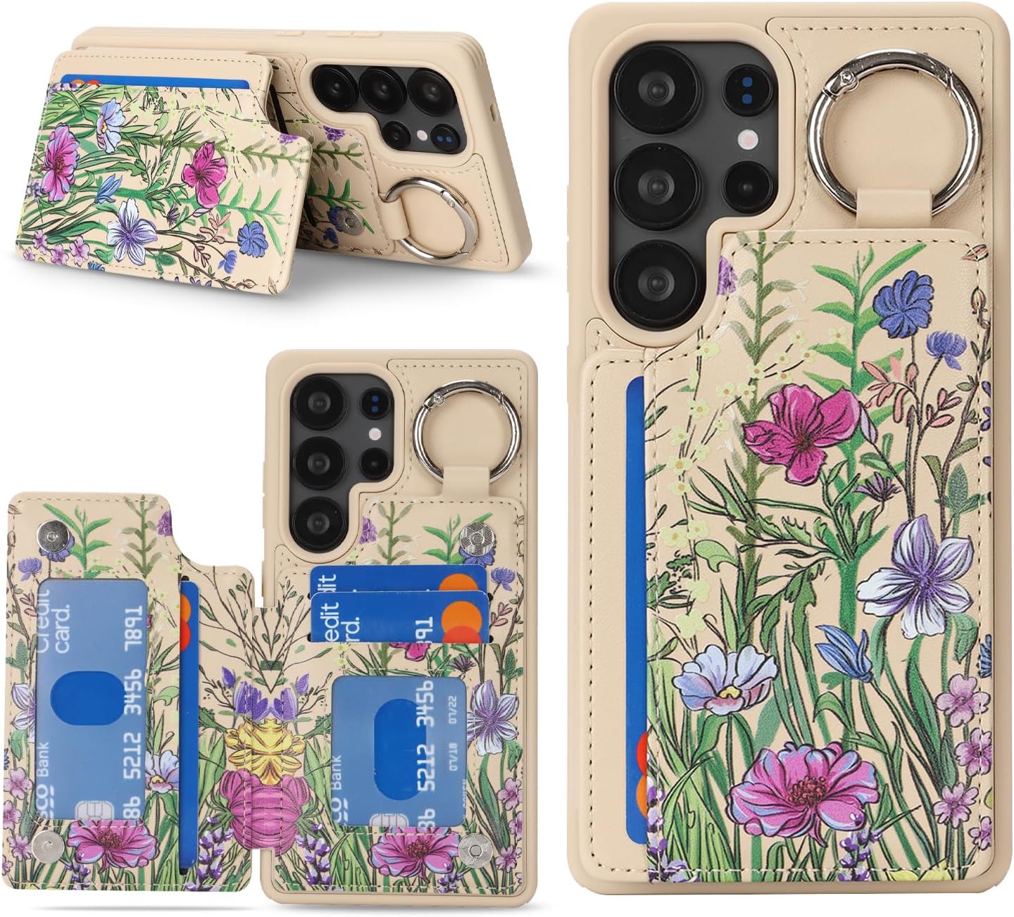 Havaya for Samsung Galaxy S25 Ultra Case Wallet with Card Holder Keychain Ring Stand PU Leather Phone case Floral Flower with Credit Card Slots Women Men-Beige Flower 3
