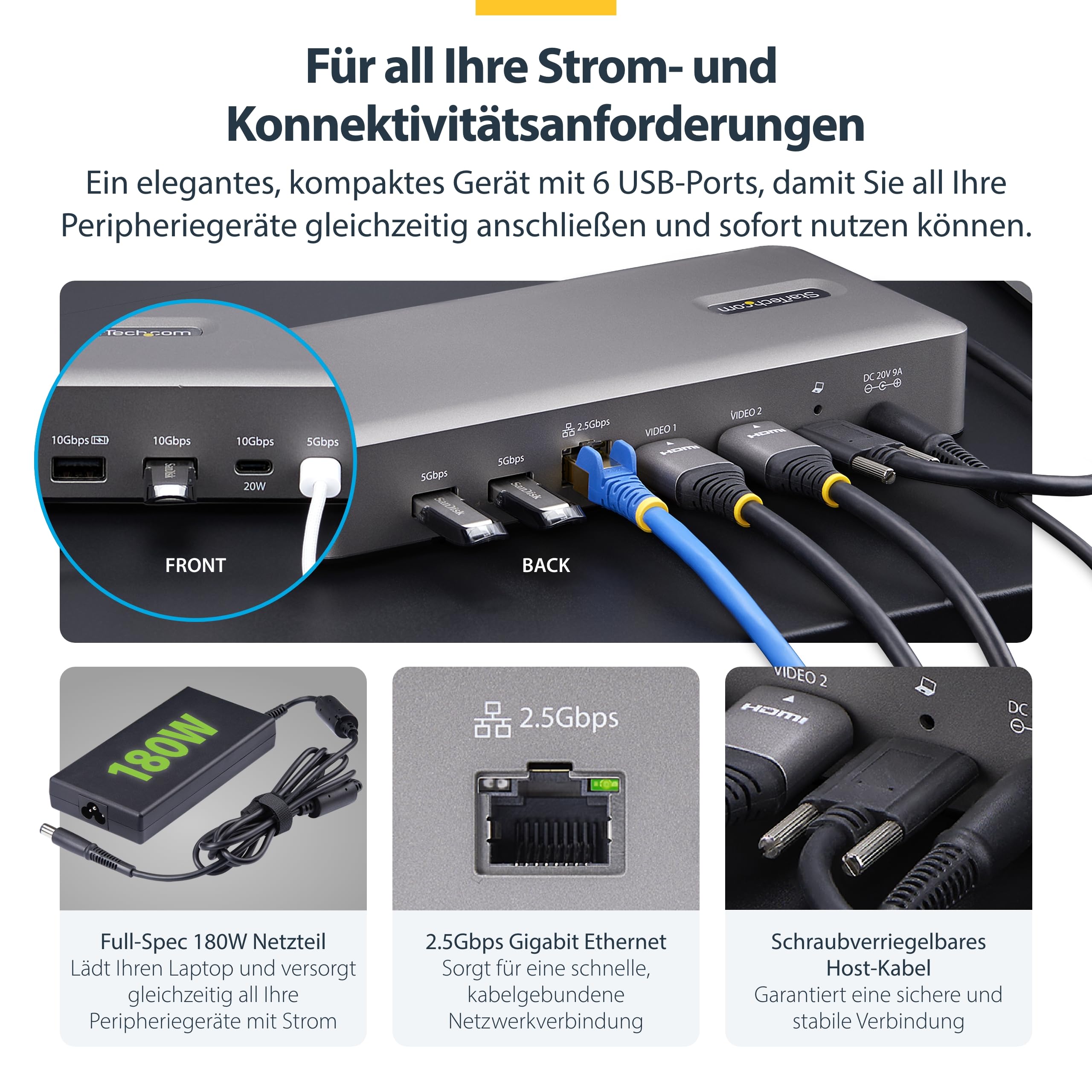 StarTech.com USB4 Docking Station, 40Gbps, 2x HDMI, 2x 4K60Hz/1x 8K60Hz, USB, 2.5GbE, 100W PD, USB-C Laptop Dockingstation | 2x HDMI, 40Gbit/s, USB, 100W, Windows, ChromeOS, PXE-Boot, Wake-on-LAN, Sicherheitsslot