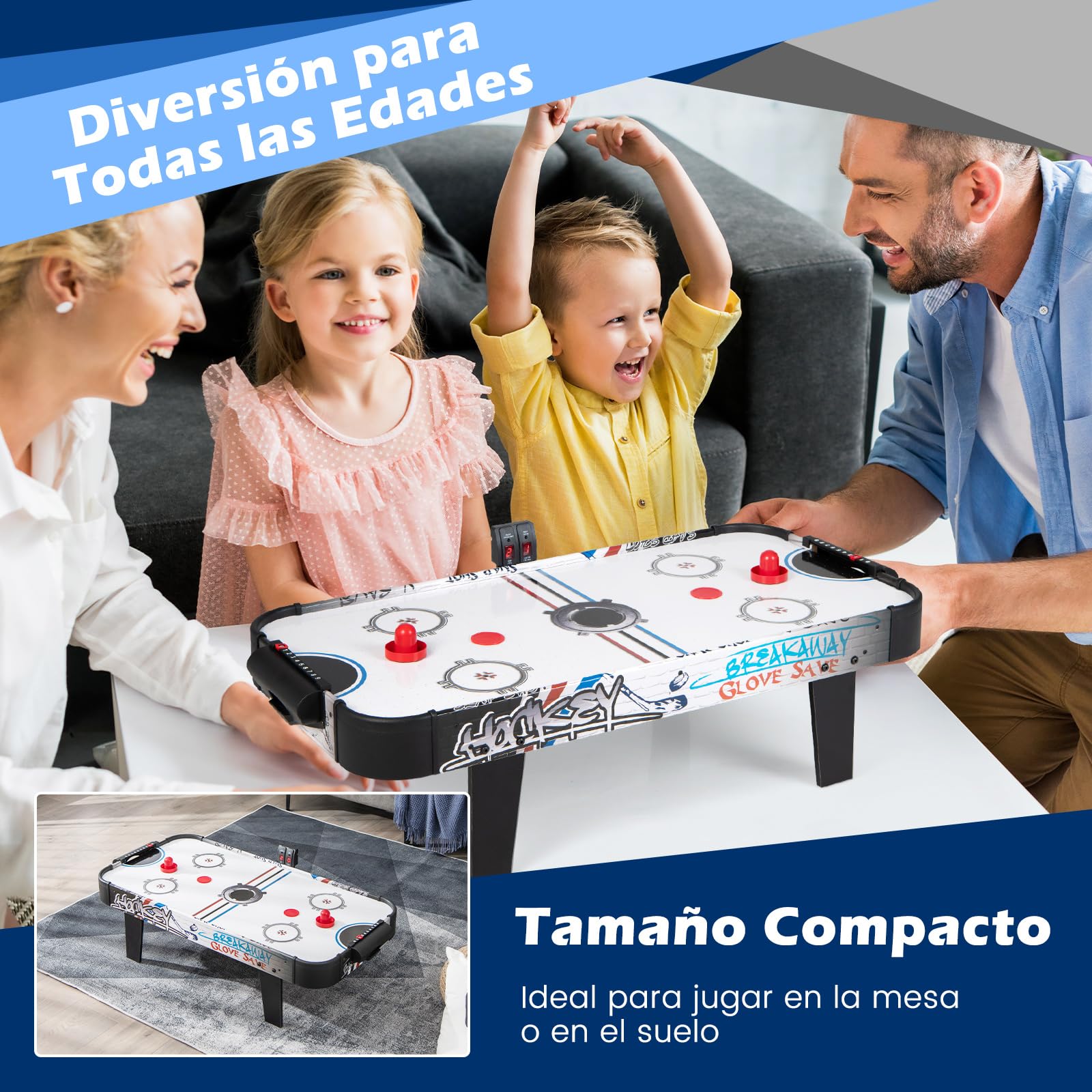 COSTWAY Mini Mesa de Hockey de Aire 110 cm, Set con Mesa de Hockey de Aire con Marcador de Puntos LED Electrónico, 2 Discos, 2 Empujadores, 2 Puertas