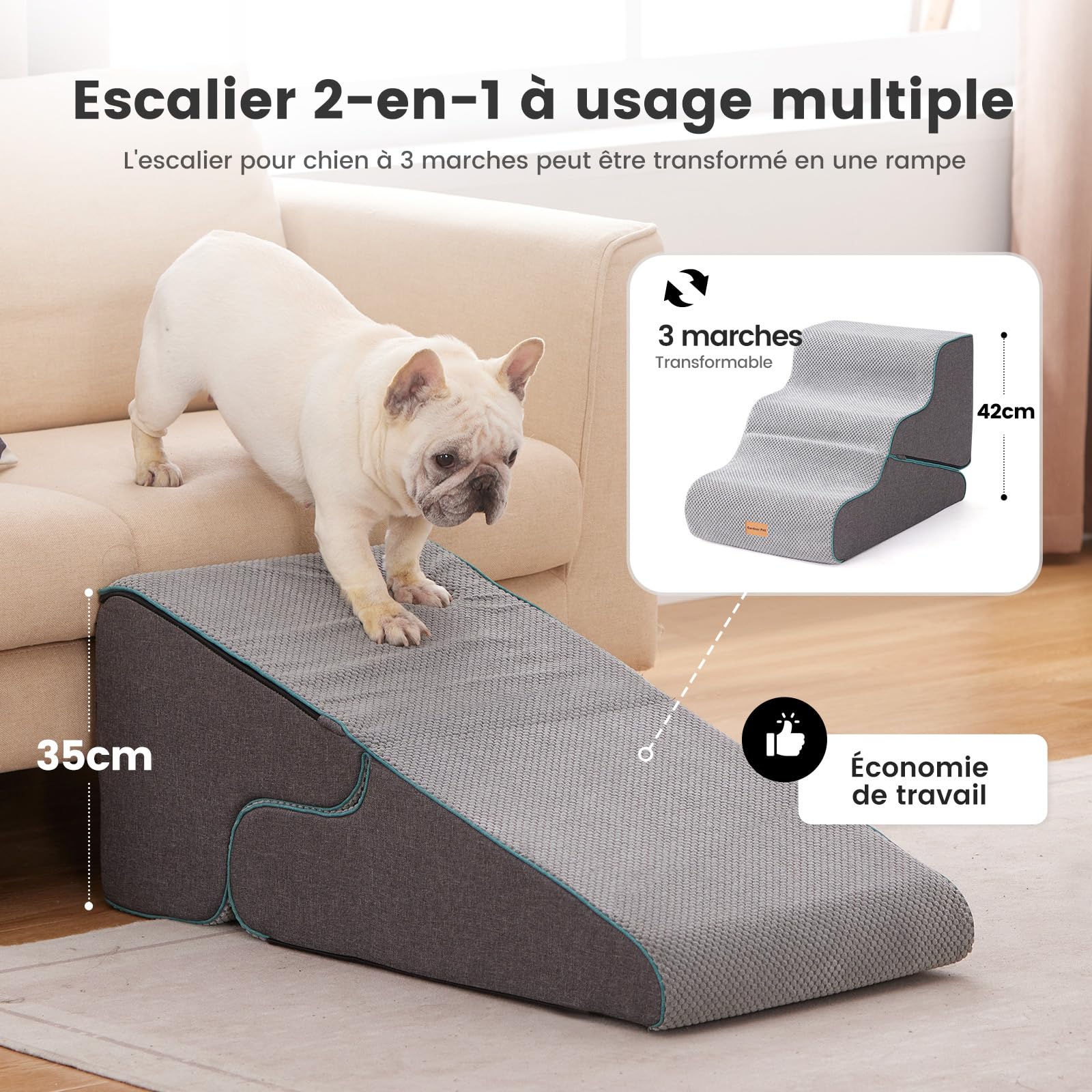 Gardner Pet Escaliers pour Chiens 2 en 1 3 Marches Éponge Haute Densité 35cm 42cm Antidérapant Gris