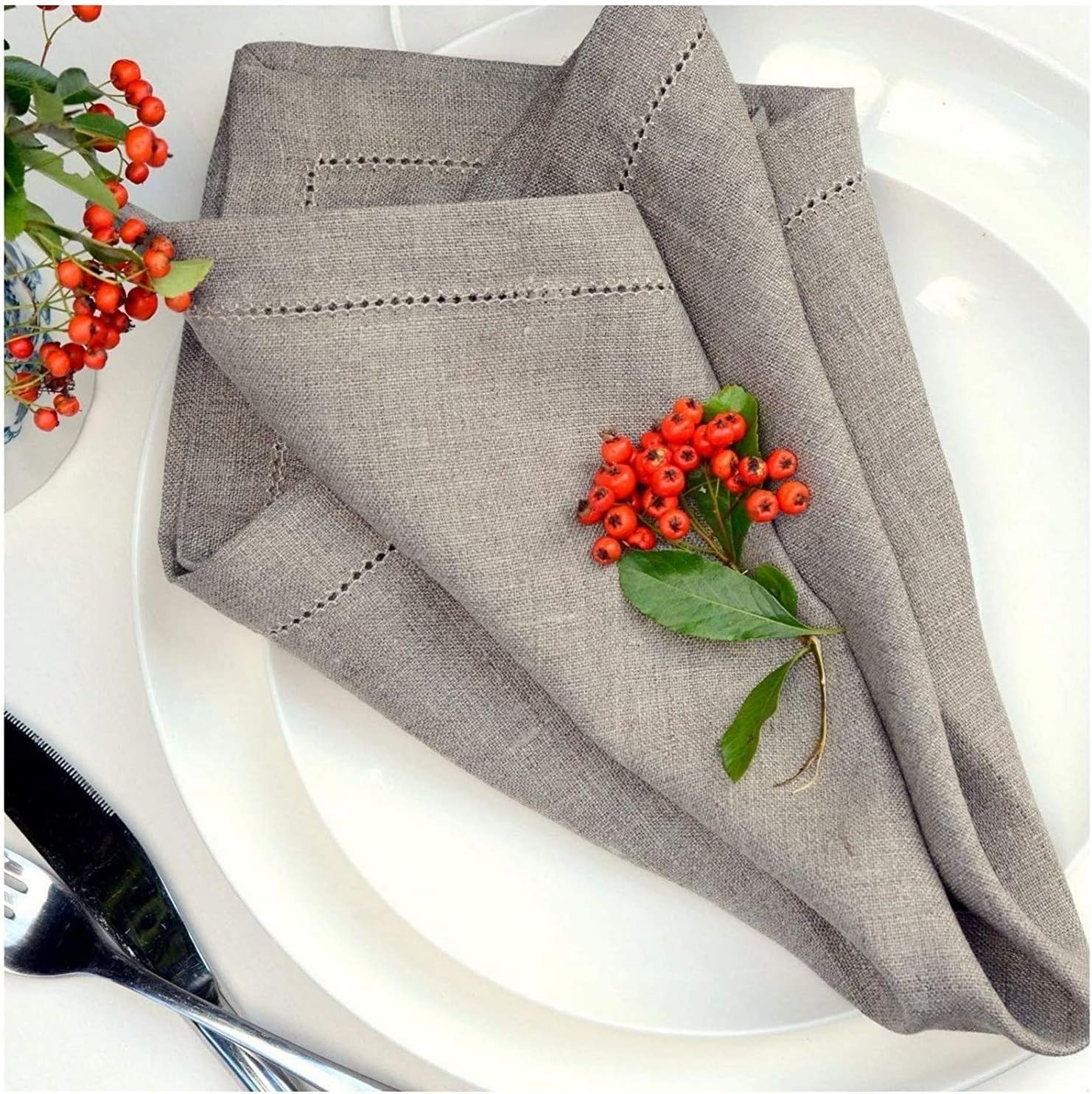 Set of 4 x Hemstitched Linen & Cotton Napkins FLORENCE - 17.2'' x 17.2'' (43cm x 43cm), 100% Linen (Beige).