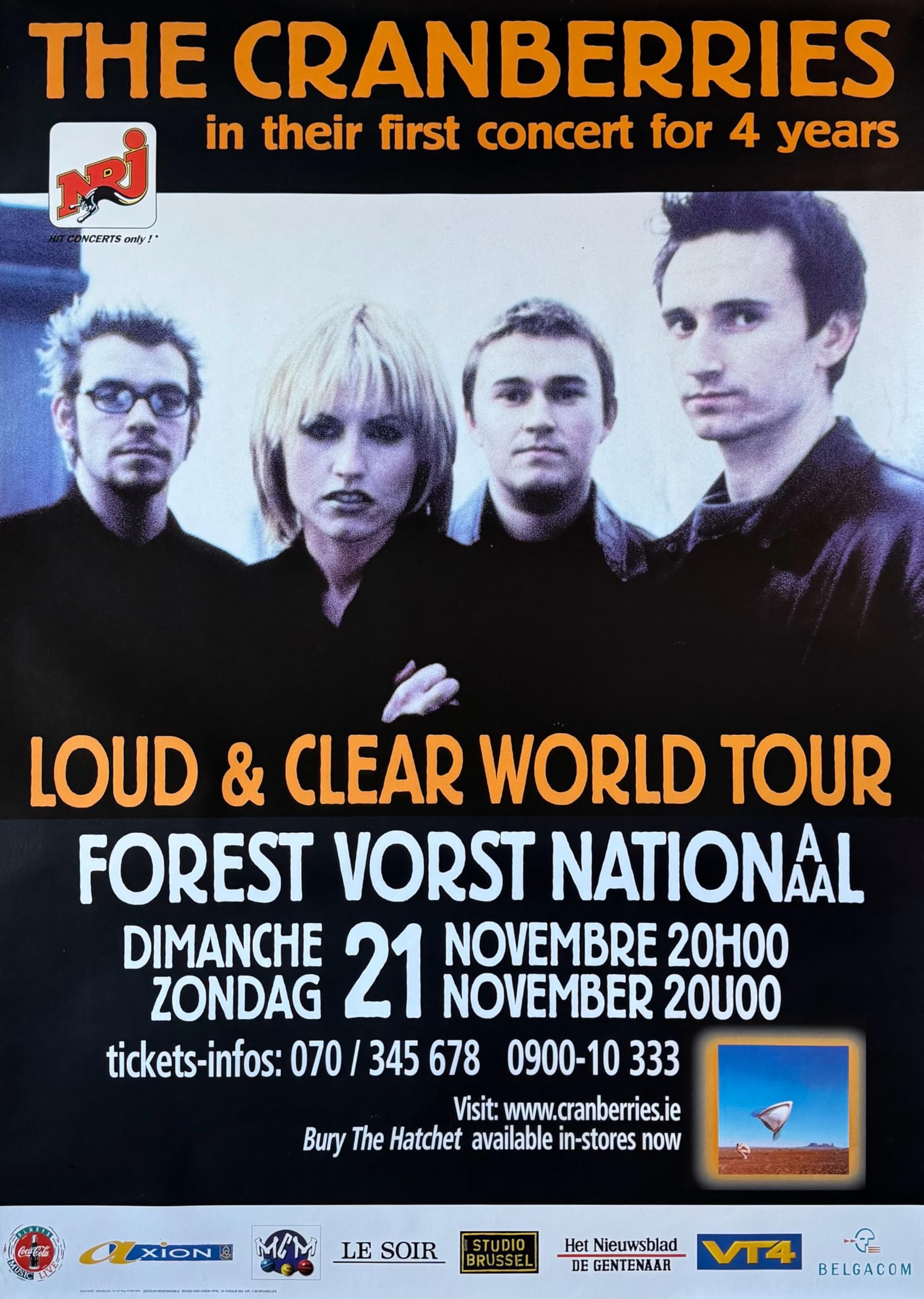 The Cranberries Loud a Clear World Tour Affiche Concert Belgique 1999 Poster Grand Format 70X100 - 2