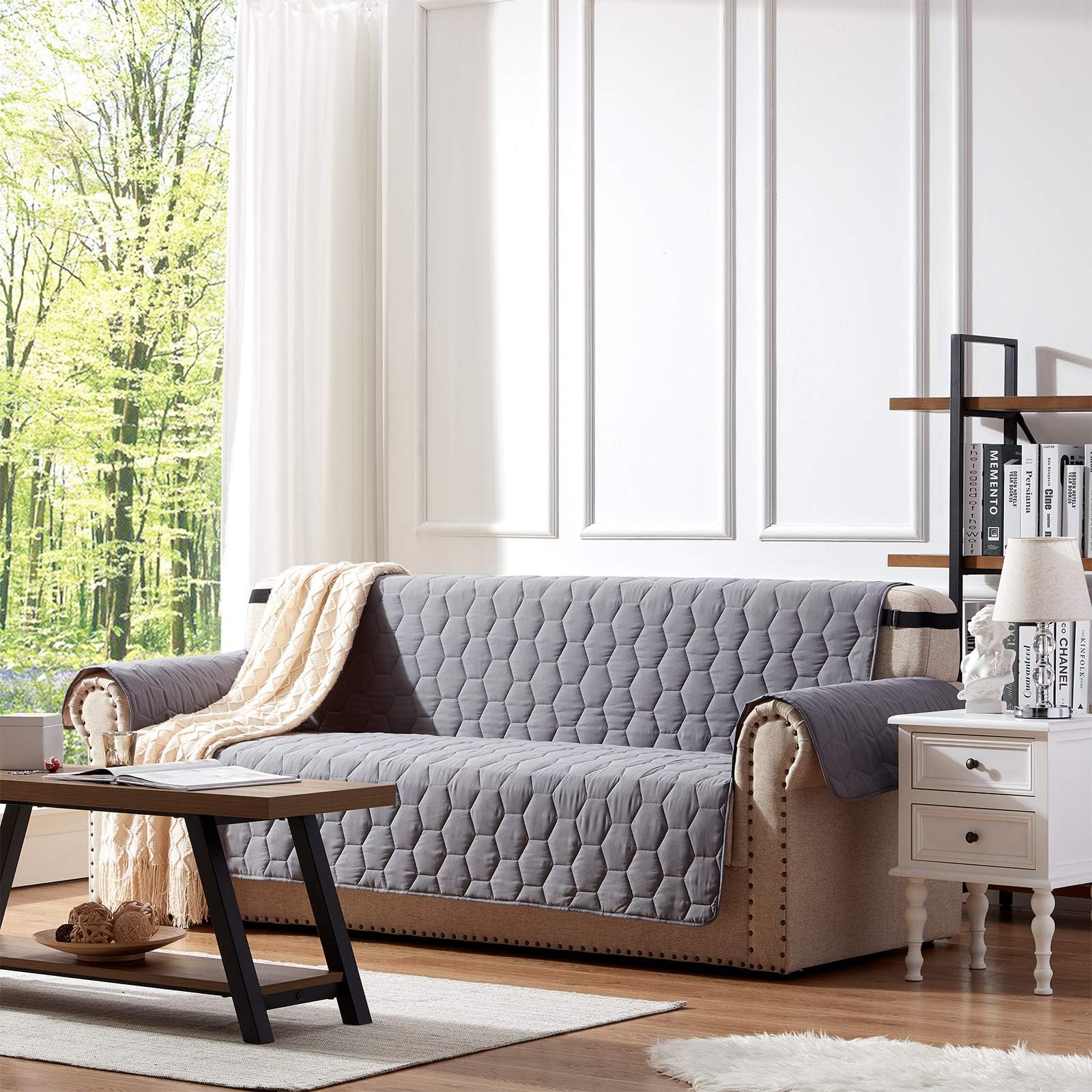 SunStyle HomeDark Gray Sofa Cover Water Resistant Furniture Protector Cover Honeycomb Quilted Couch Covers with Adjustable Elastic Strap and Non-Slip Backing