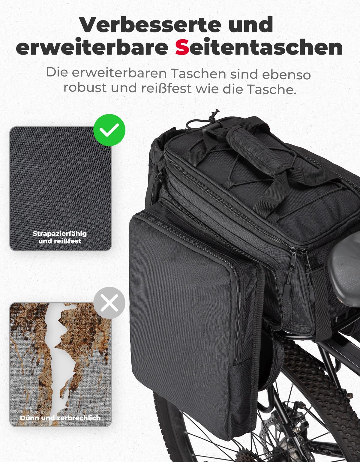 KEMIMOTO 2 IN 1 Gepäckträgertasche, 15L Volumen, Wasserabweisende Fahrradtasche für Gepäckträger mit Regenschutz, Mehrere Fächer und erweiterbar, mit Schultergurt, Fahrrad Taschen hinten