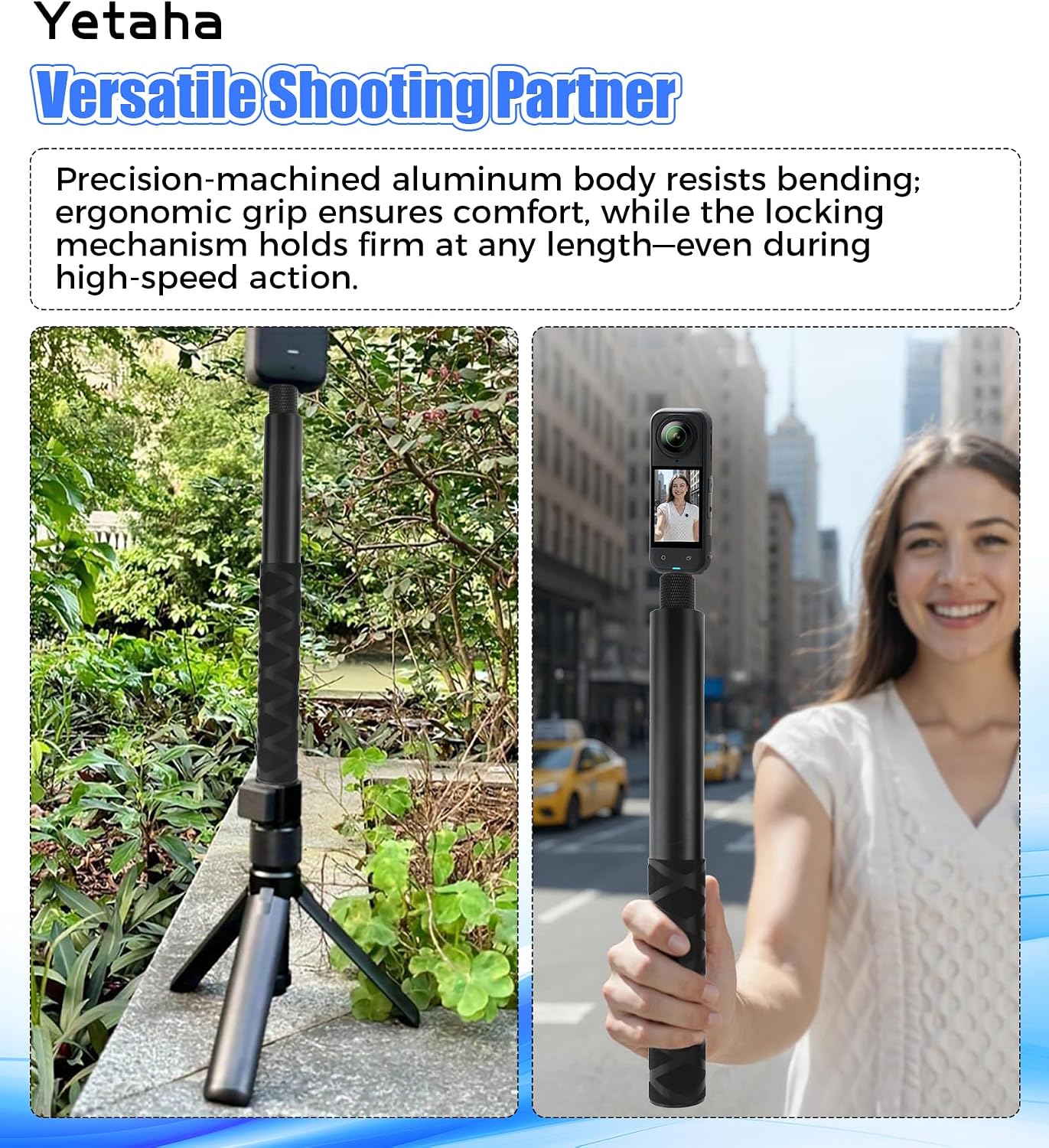 Yetaha 47.2" (120cm) Invisible Selfie Stick, Aluminum Alloy Telescoping Pole Compatible for Insta360 X5/X4/X3/GO 3S, DJI Osmo Action, GoPro Hero 13–11, Auto, Removed in 360° Shots