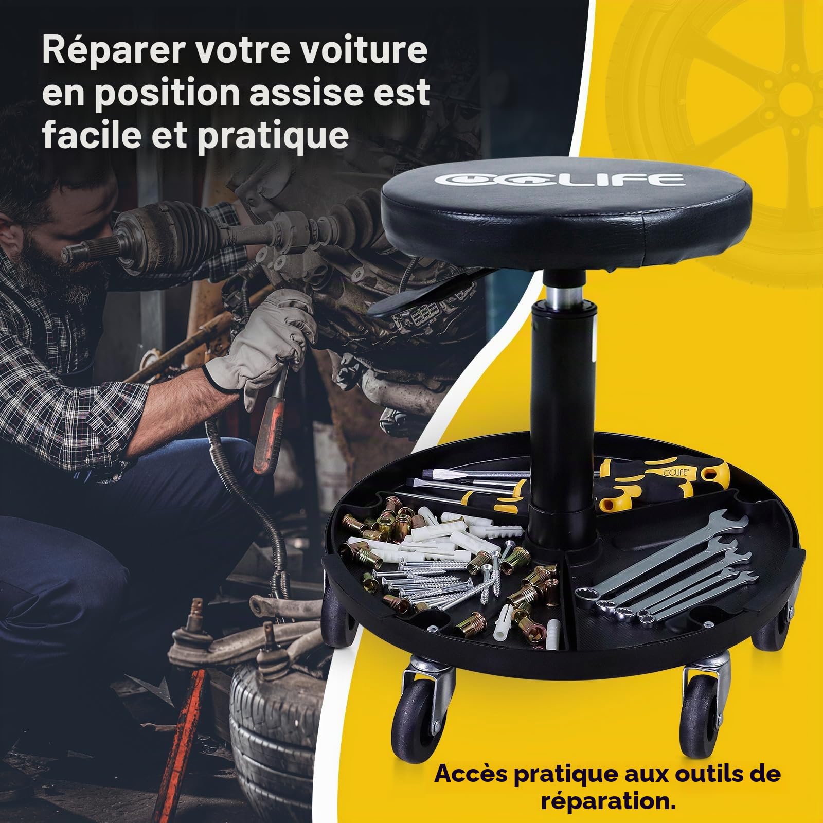 CCLIFE Tabouret d'Atelier à roulettes, 150 kg, Hauteur Réglable 38-50 cm, et 2 Inserts en Plastique Amovibles, Siège de Travail avec Roues pour Mécanicien