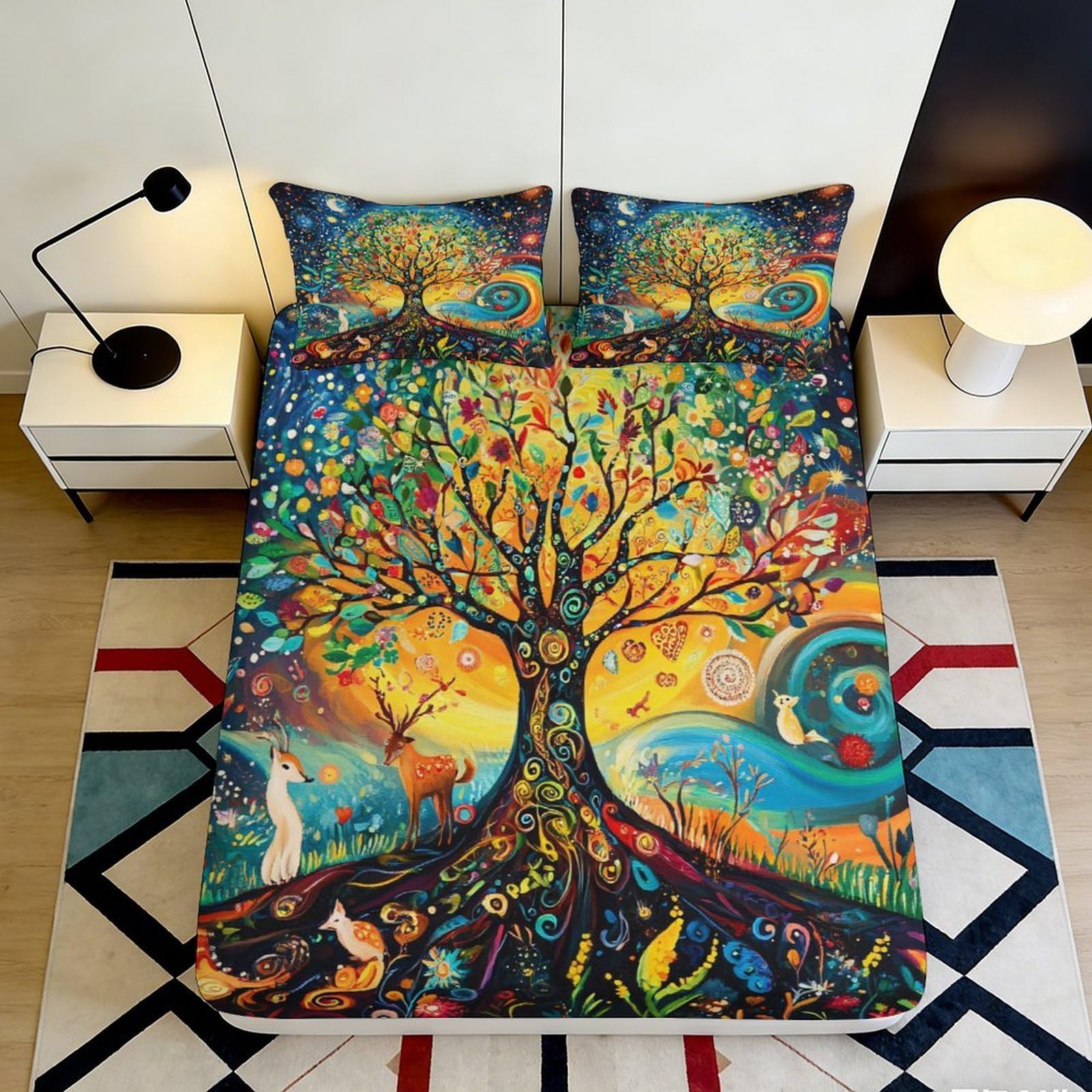 3D Printed Tree of Life Fitted Sheet Microfiber Artistic Vibrant Nature Dream Mattress Cover for Bedroom Guest Room Decor 90x200x25cm