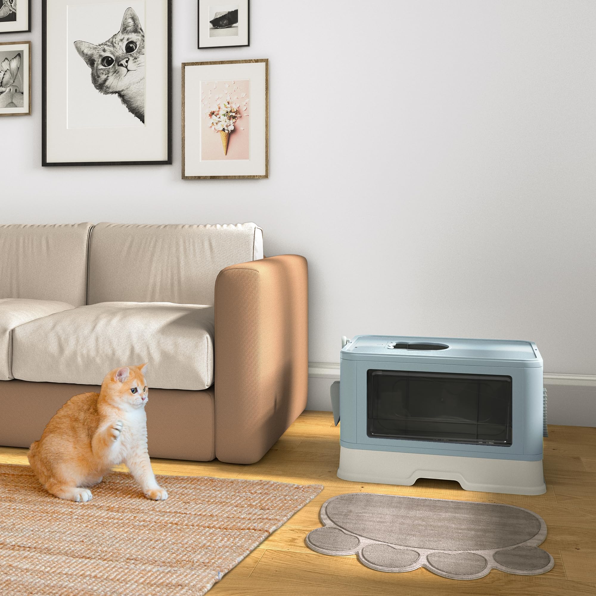YITAHOME Grande Lettiera Gatto Chiusa, 48x38x 38cm Toilette per Gatti, Con Coperchio, Con Cassetto, Vassoio Estraibile, Paletta, Spazzola, Ingresso Anteriore, Uscita Superiore (Blu)
