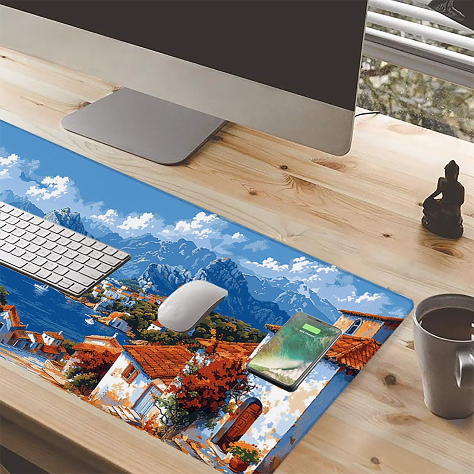 Paisaje Alfombrilla Ratón Gaming XXL 1500x800x3mm, Alfombrilla Gaming Azul Mousepad con Base de Goma Antideslizante, Impermeable Desk Mat para Teclado y Raton, Accesorios Gaming Regalos de Hombre P-C