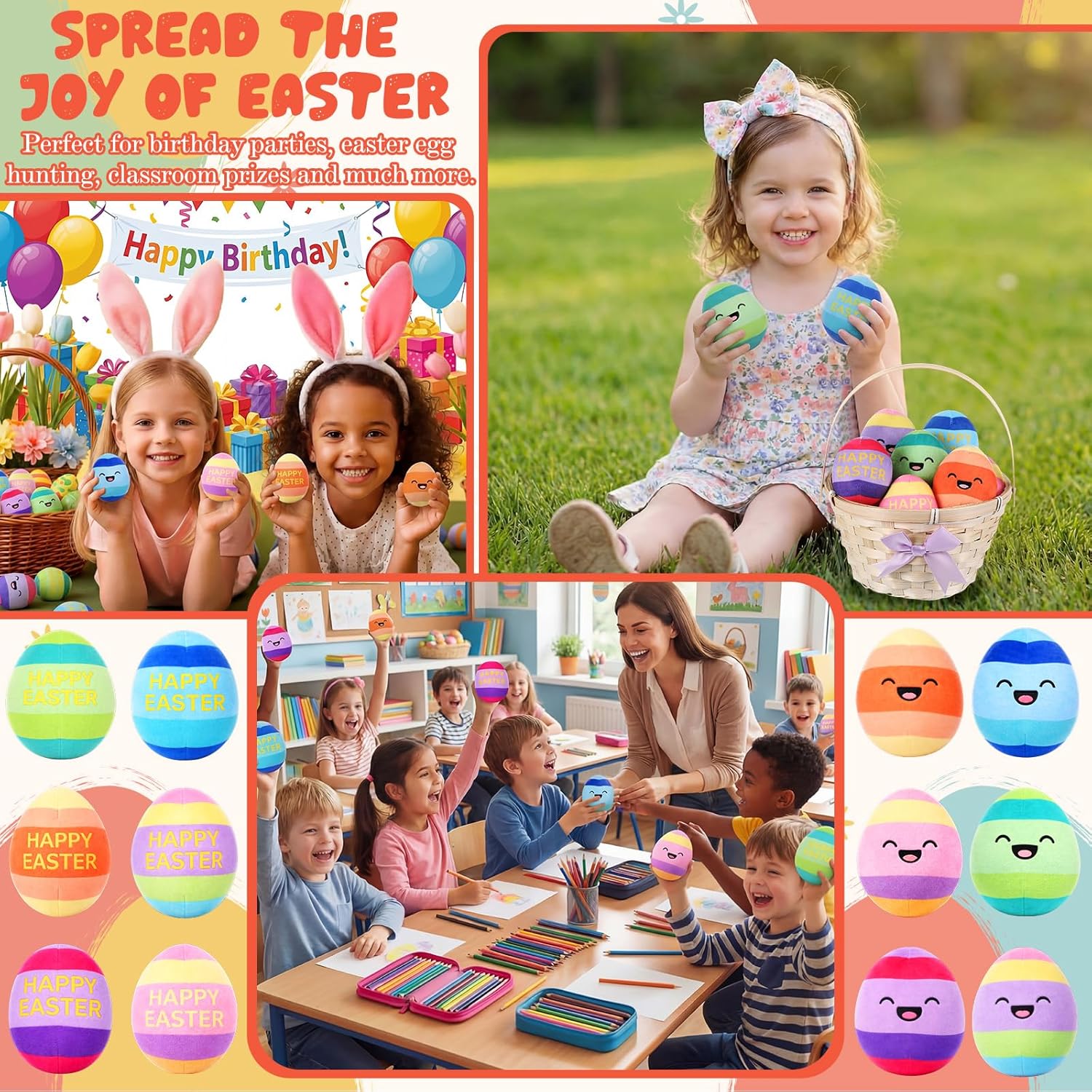 Thenshop 12 Pcs Easter Plush Eggs, Colorful Happy Easter Print Stuffed Eggs, Soft Basket Stuffers Goodie Bags and Party Favors for Hunting Party Favors Gift for Kids