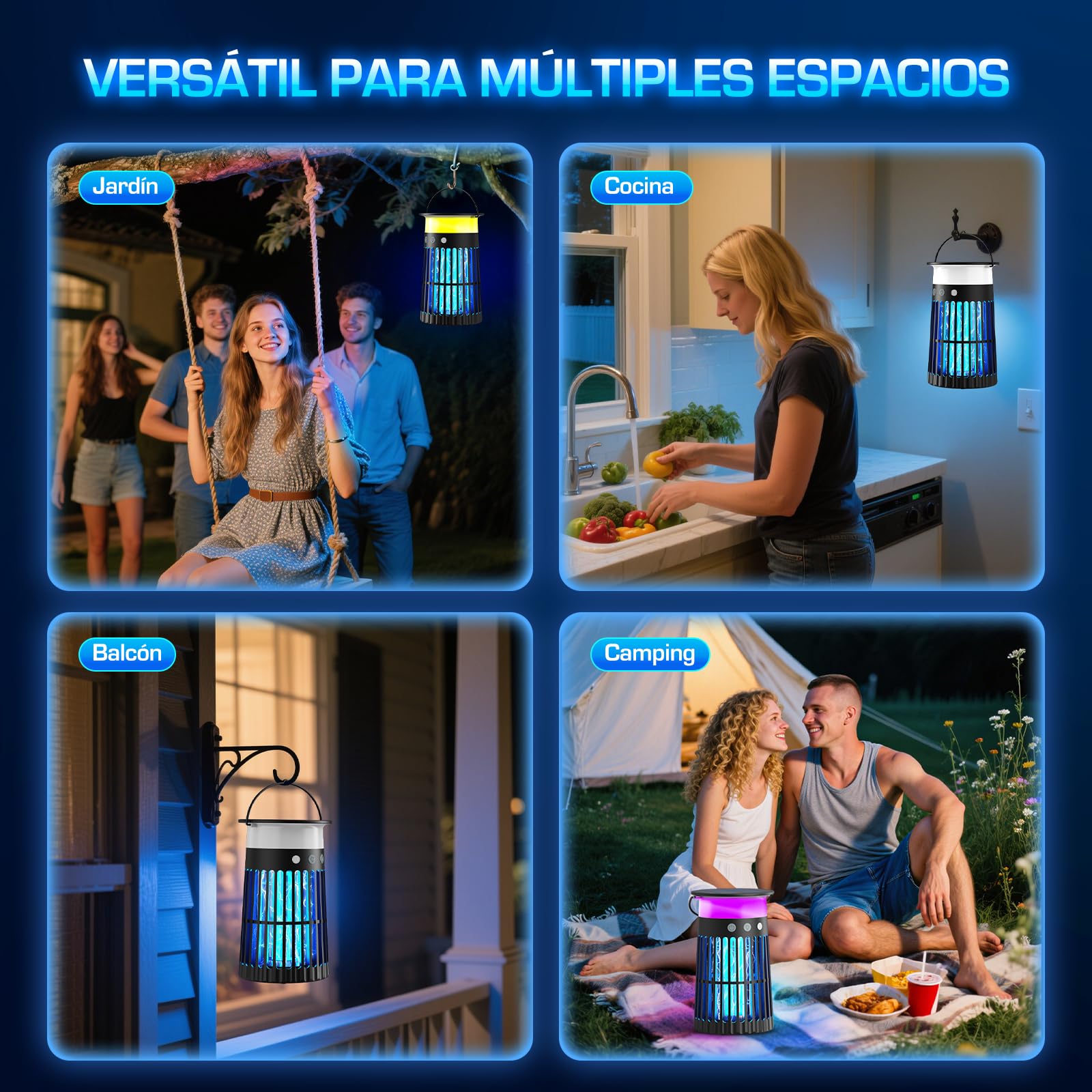 Lámpara Antimosquitos Solar de Exterior, Mata Mosquitos Eléctrico 4200V, Impermeable IPX5, Carga Solar y USB-C, Batería 4000mAh, Sin Cables para Jardín, Terraza, Balcón e Interior