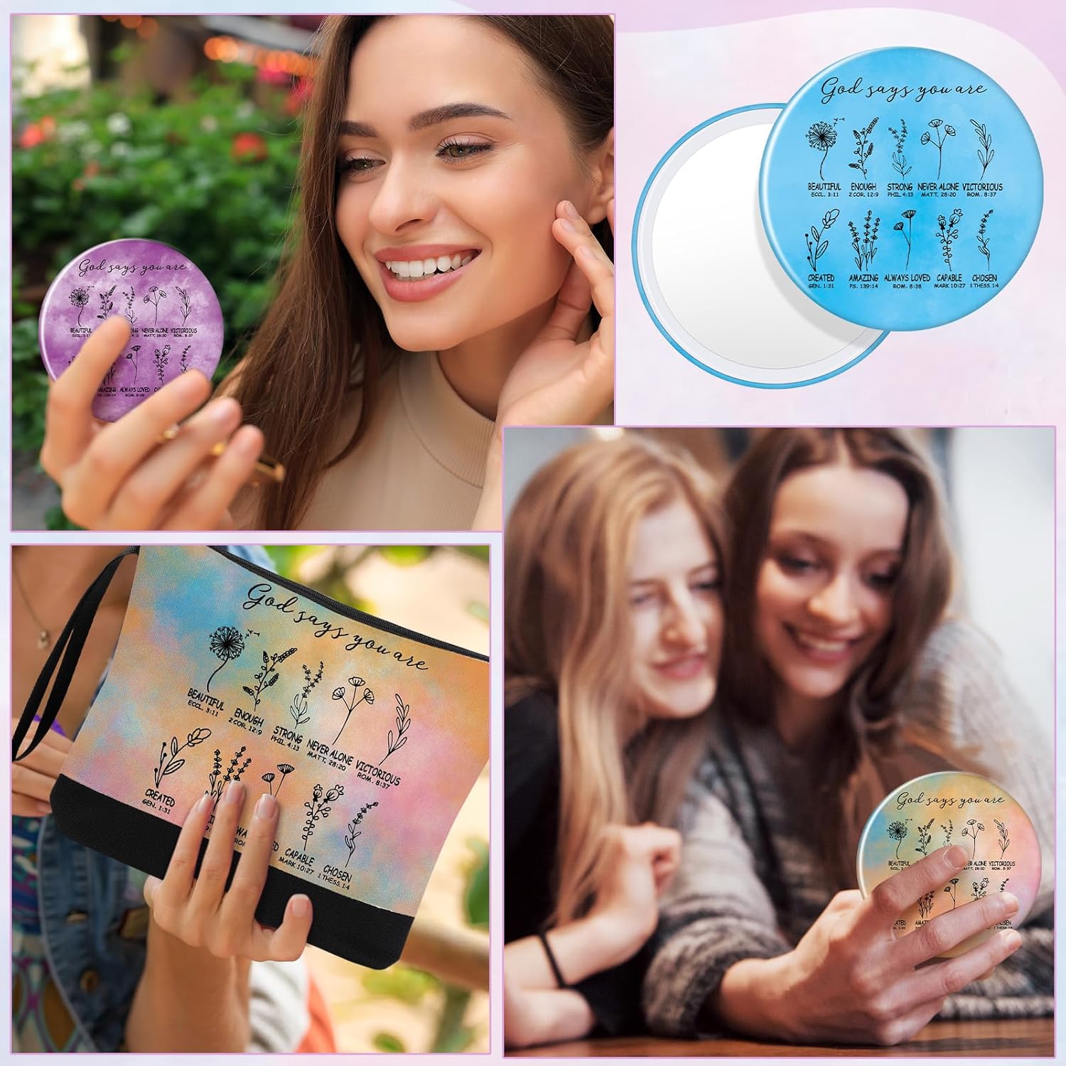 Kacctyen 20 Sets Christian Gift Bulk Christian Makeup Bag Religious Pocket Compact Mirror Inspirational International Women's Day Bible Verse Cosmetic Bag with Zipper for Church Member (Classic)
