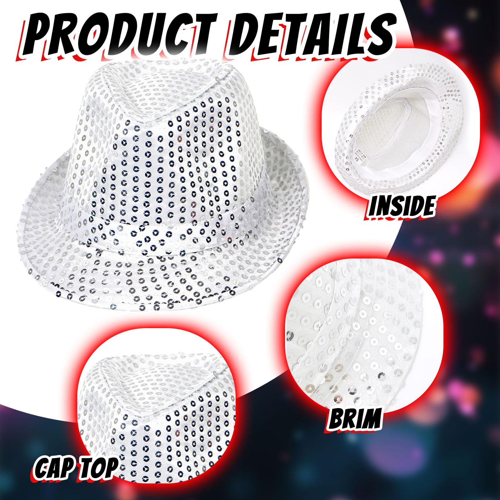 SAIIURV 2 Pcs Sequin Hat, Disco Adult Hat Cap, Hip-Hop Disco Hats Fancy Dress - Image 3