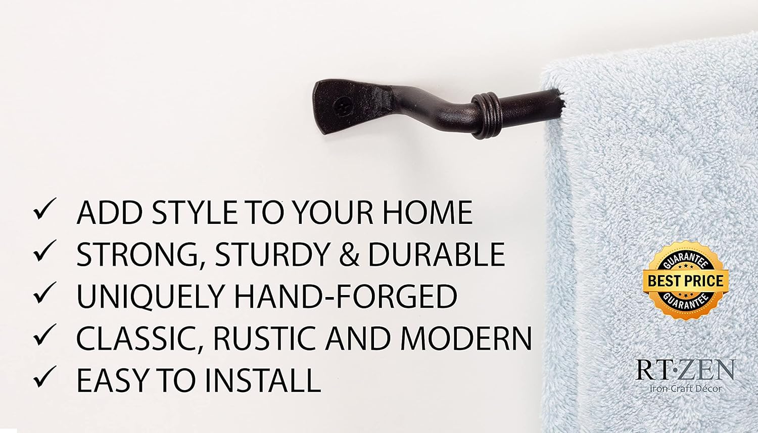 RTZEN Farmehouse Bathroom Towel Holder - Wrought Iron Matte Metal Black Towel Bar Wall Mount Rod - Handmade Home Decor Metal Kitchen Hanger Bar (26'' - Fits 24 Inch Towels)