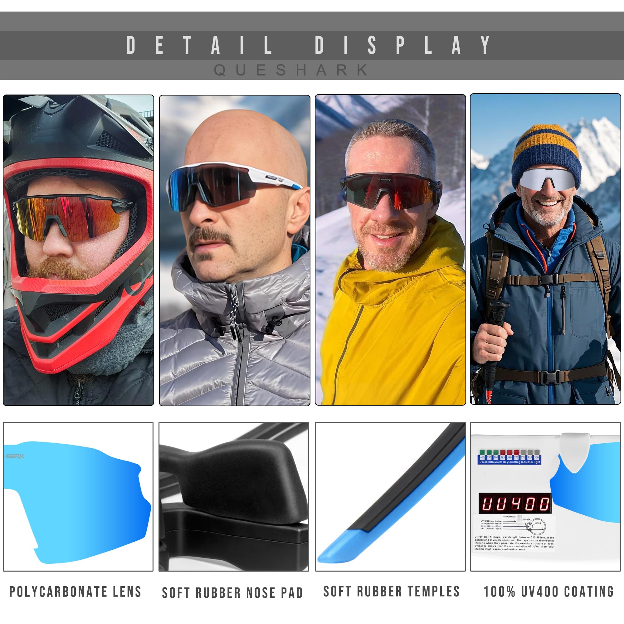 Queshark Occhiali Ciclismo Uomo e Donna, Occhiali Veloci Polarizzati, Con 1 Lenti o 4 lenti Intercambiabili, TR90 Montatura, UV400 Occhiali Sportivi Uomo per Ciclismo, Corsa, Pesca, Baseball, Sci