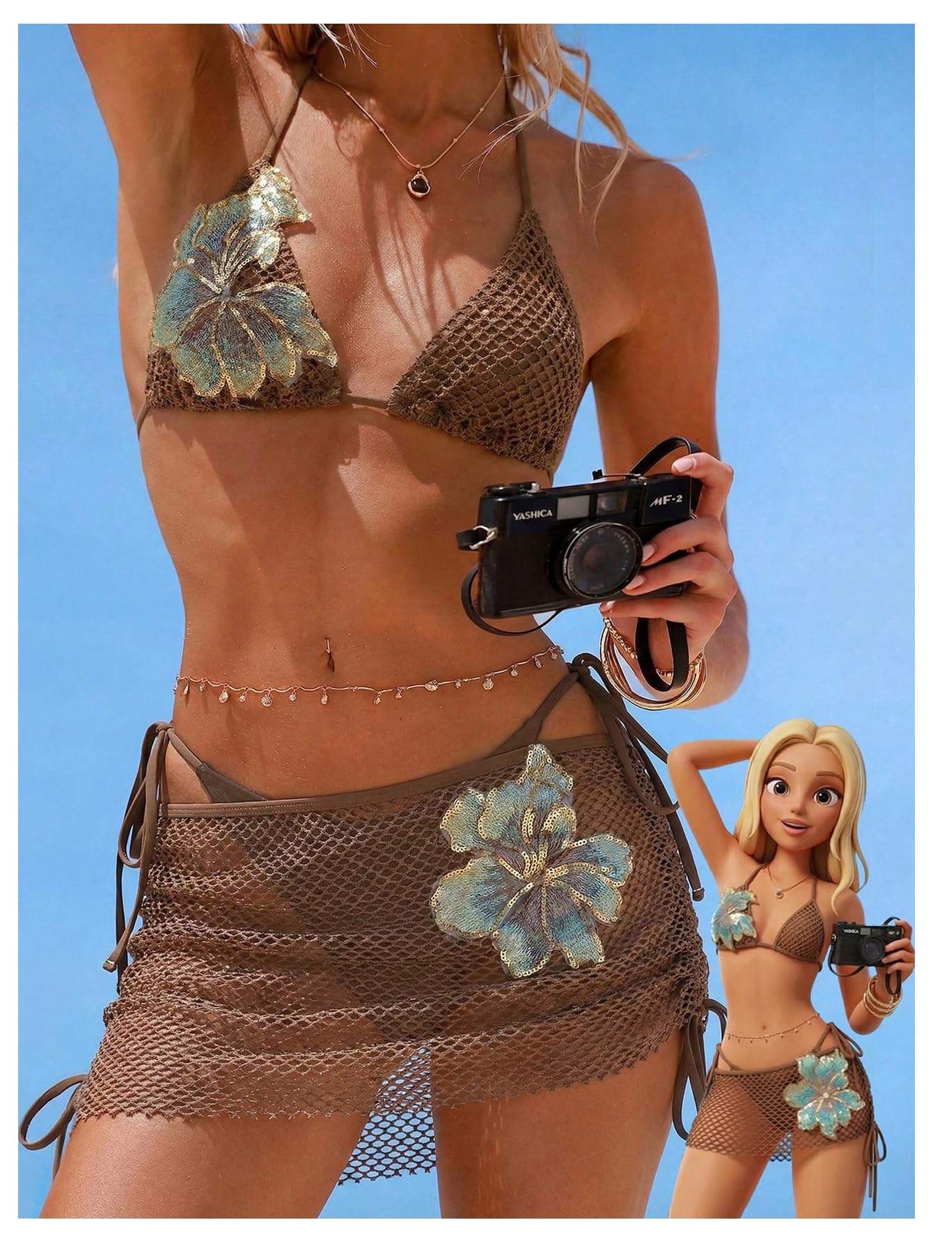 Traje de baño de ganchillo de 3 piezas para mujer, conjunto de bikini halter con lentejuelas florales con falda para cubrir, color marrón, talla M