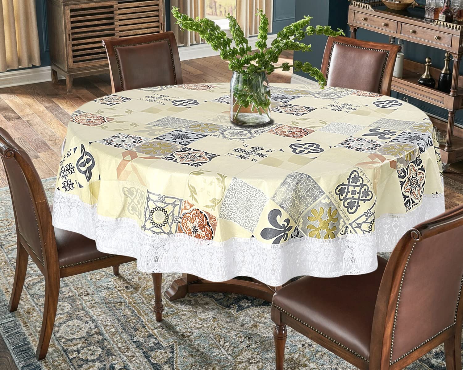 Round Shaped WxL 90x90 Inch 8 Seater Table Cover Waterproof PVC Mosaic Pattern Yellow