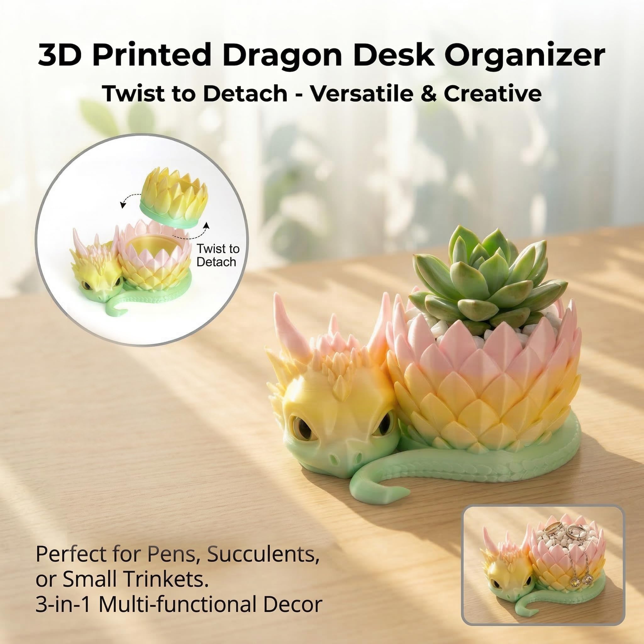 Portapenne da scrivania con stampa 3D a forma di drago rimovibile, grazioso organizer da scrivania per penne, matite, graffette, pennelli da trucco, regalo decorativo da scrivania fantasia