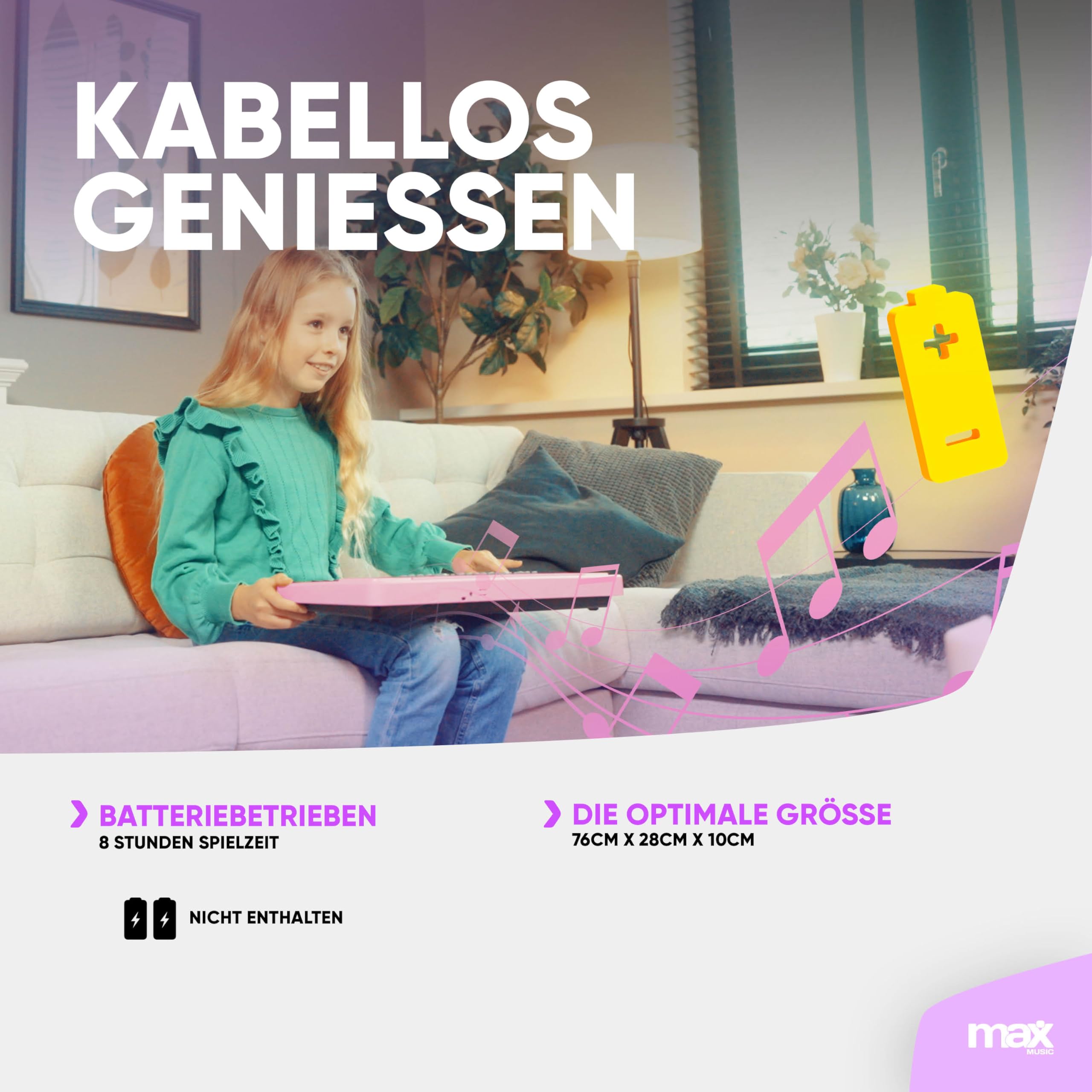 MAX KD54P - Kinder Keyboard mit Mikrofon, 54 Tasten, 8 Klangarten, 5 Rhythmen & Sounds, Klavier mit Aufnahmefunktion, 8h Akku - E Piano Kids, Keyboard Piano Spielzeug für Kinder ab 6 Jahre