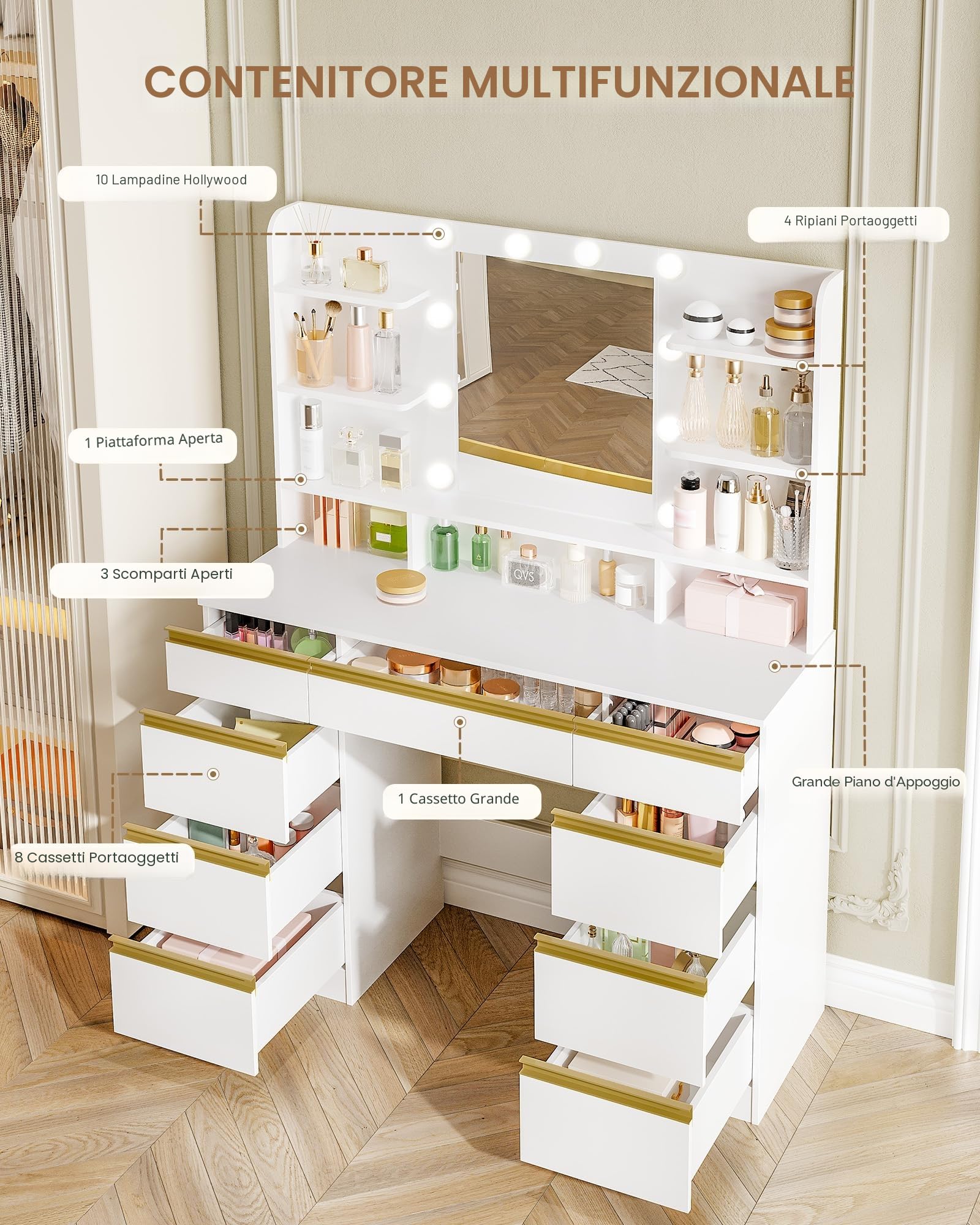 Hzuaneri 108cm Toeletta da Trucco con 10 Luce LED, 3 Colori, Luminosità Regolabile, Grande Specchio HD, 1 Cassetto Grande e 8 Cassettiere Piccole, 9 Vani Portaoggetti Aperti, Bianco-Oro DT35703X