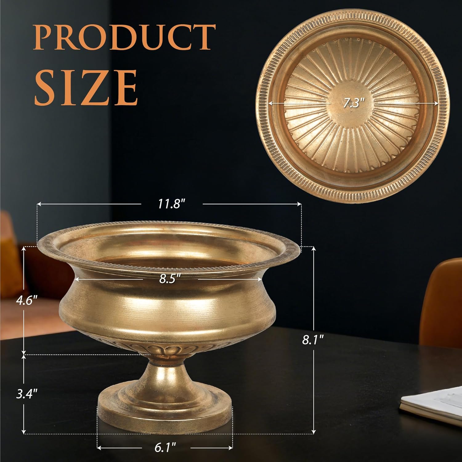 WORTH 8" H. Gold Color Urn Vase for Centerpieces, 11.8" Dia. Classic Metal Trumpet Small Flower Pot for Table, Bowl Vase for Wedding Party Event Home Decor