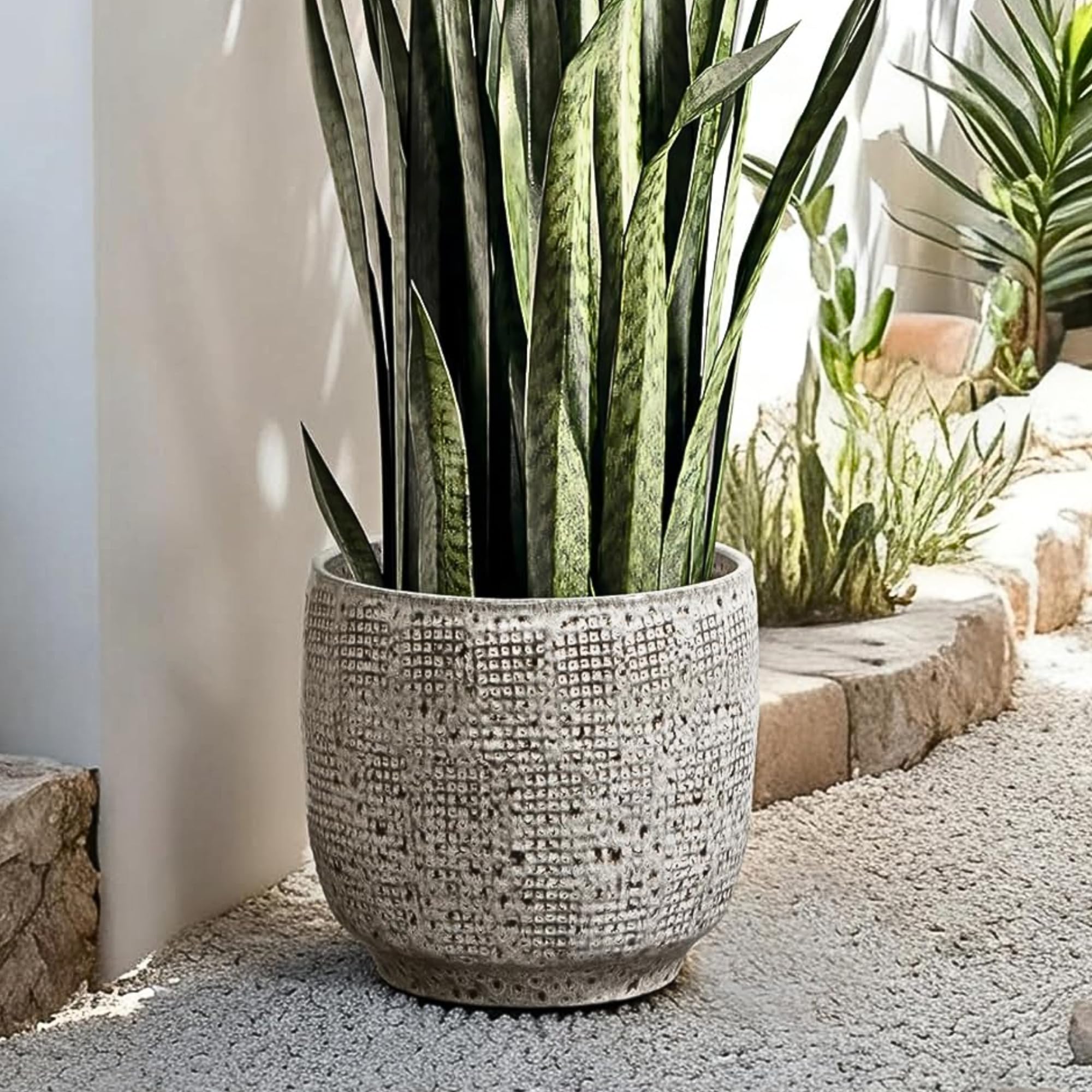 LuxenHome 12" Dia Large Ceramic Pots for Plants, Modern Gray Grid-Pattern Glazed Ceramic Planters Pots for Outdoor Plants with Drainage Hole and Plug, Round Indoor Flower Pot for Home Garden Patio