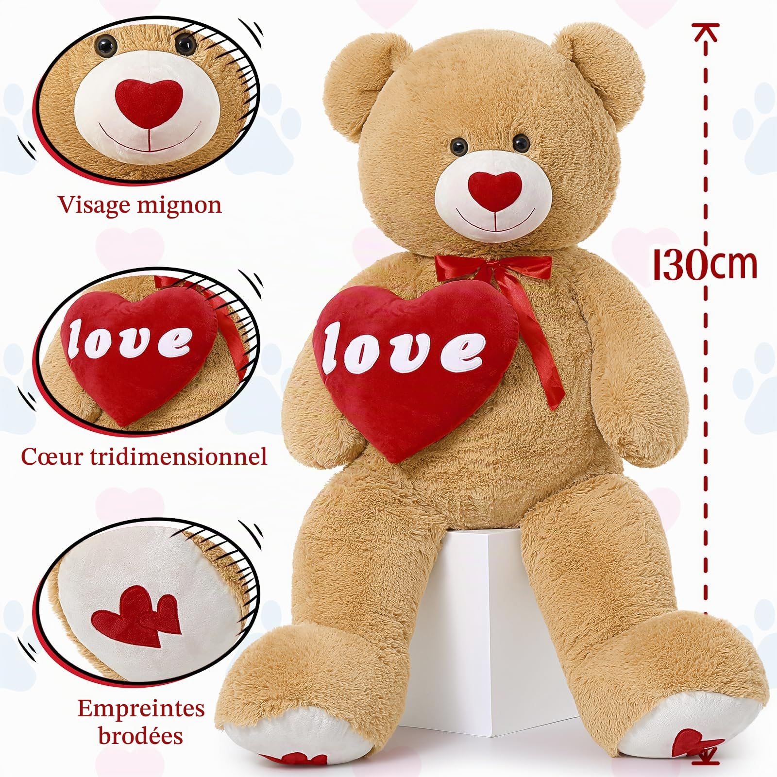 MorisMos 130cm Nounours Géant avec Cœur Rouge, XXL Brun Ours en Peluche Geant, Grosse Douce Teddy Bear Jouet Grand Mignonne Cadeau pour Enfant Petite Amie Anniversaire Noël Deco