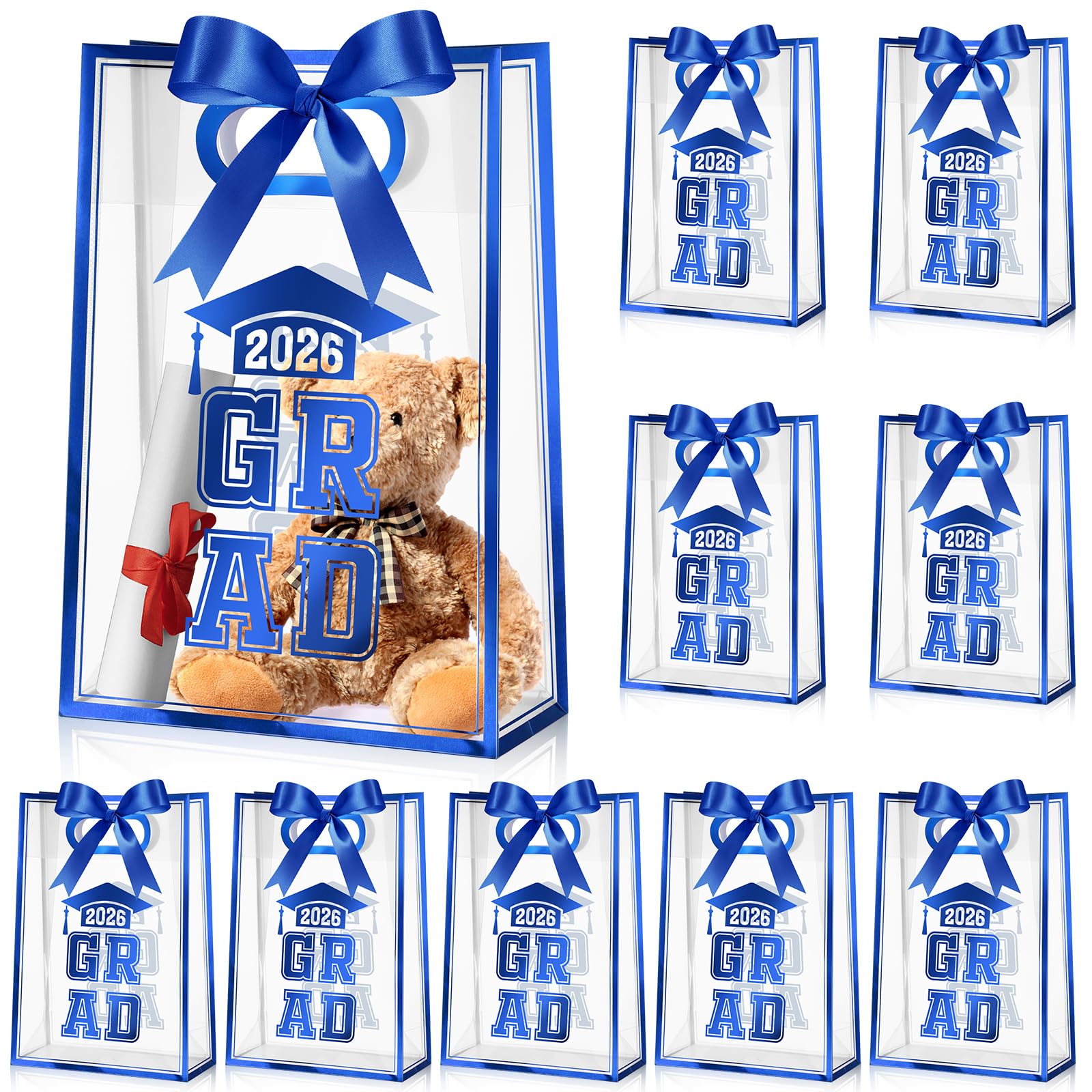 Aliceset 12 Pcs Class of 2026 Graduation Clear Gift Bags with Die Cut Handles 2026 Grad Plastic Gift Wrapping Bag with Ribbon for College High School